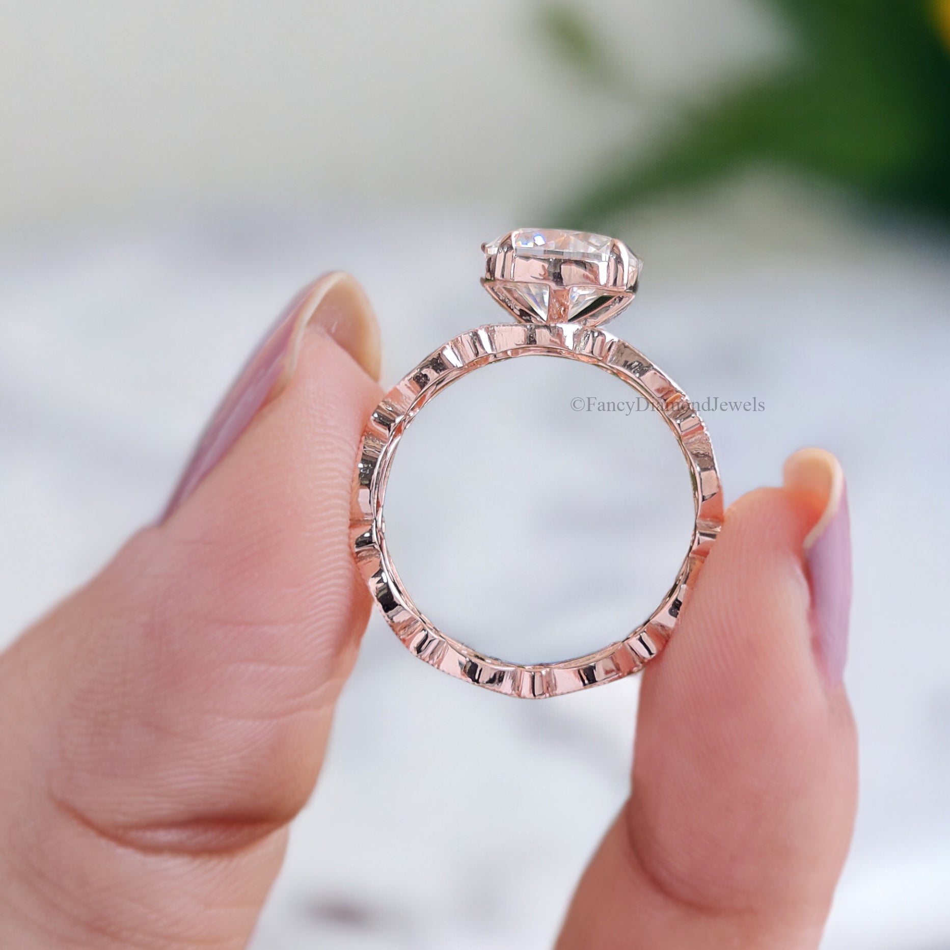 Wedding Ring Set Moissanite Rose Gold Engagement Ring Round 8.00 MM Moissanite Ring Diamond Milgrain Band Solitaire Ring Promise Ring FD130