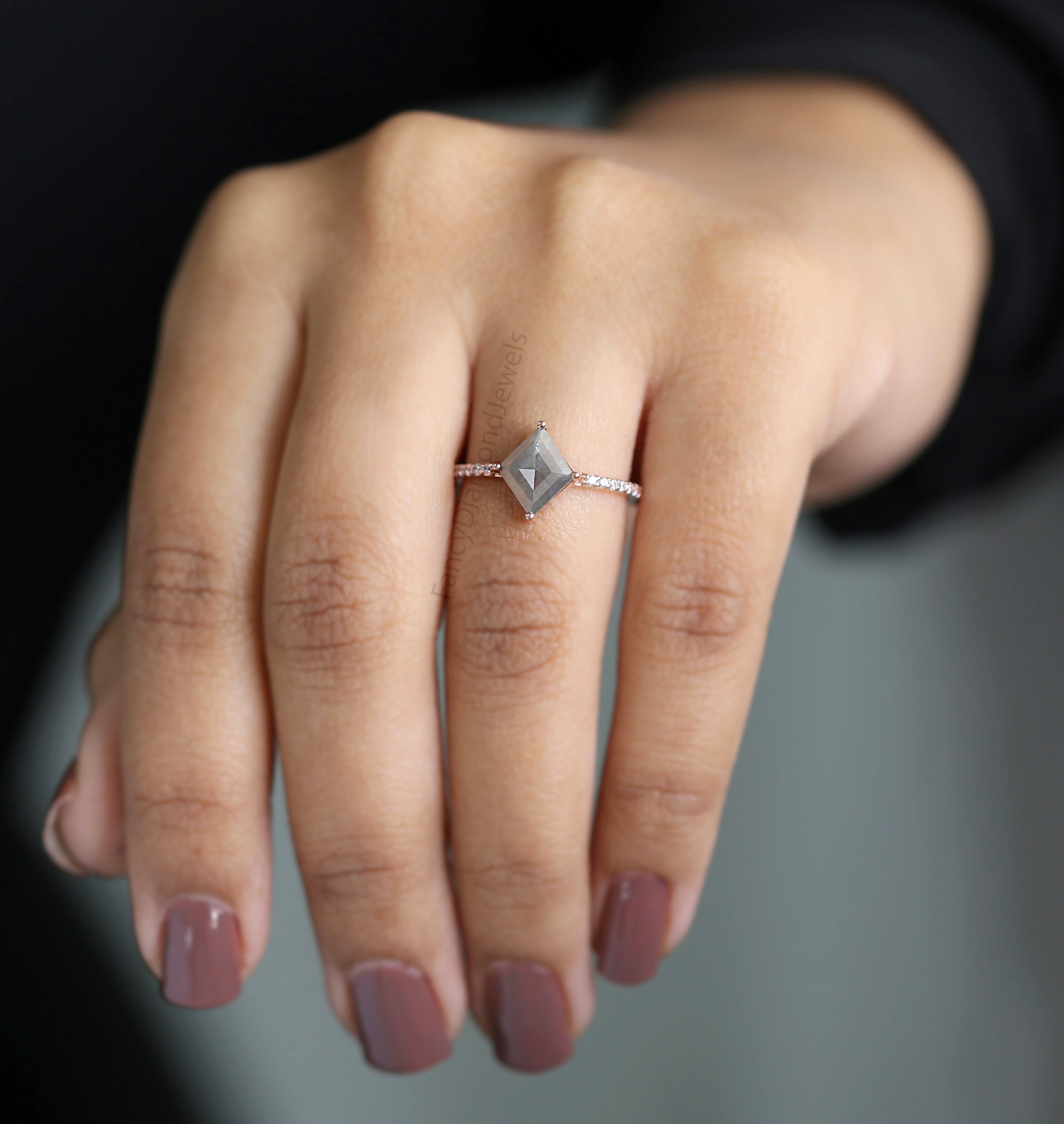 Kite Cut Salt And Pepper Diamond Ring 1.50 Ct 9.60 MM Kite Diamond Ring 14K Solid Rose Gold Silver Kite Engagement Ring Gift For Her QK2049