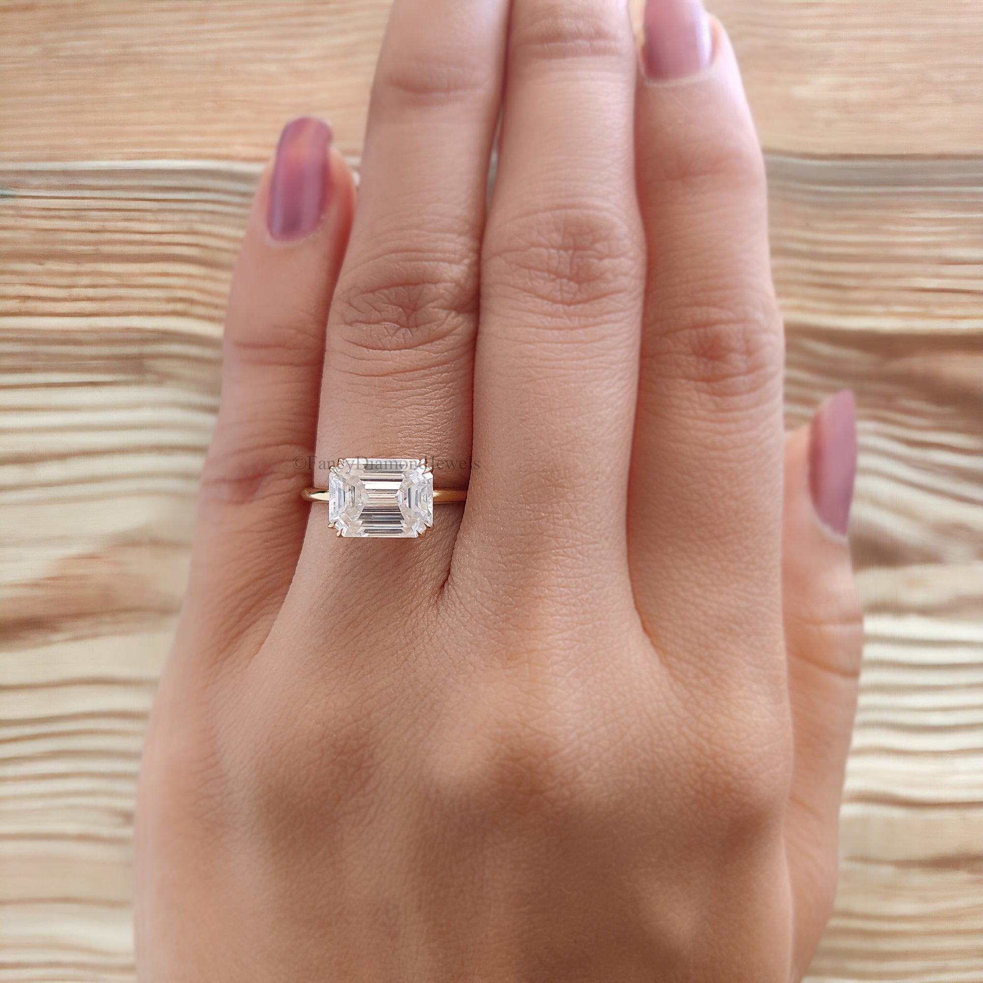 East To West Setting Ring Emerald Shape Engagement Ring Thin Band Solitaire Wedding Band Promise Ring 14K Yellow Gold Gift for Her FD127