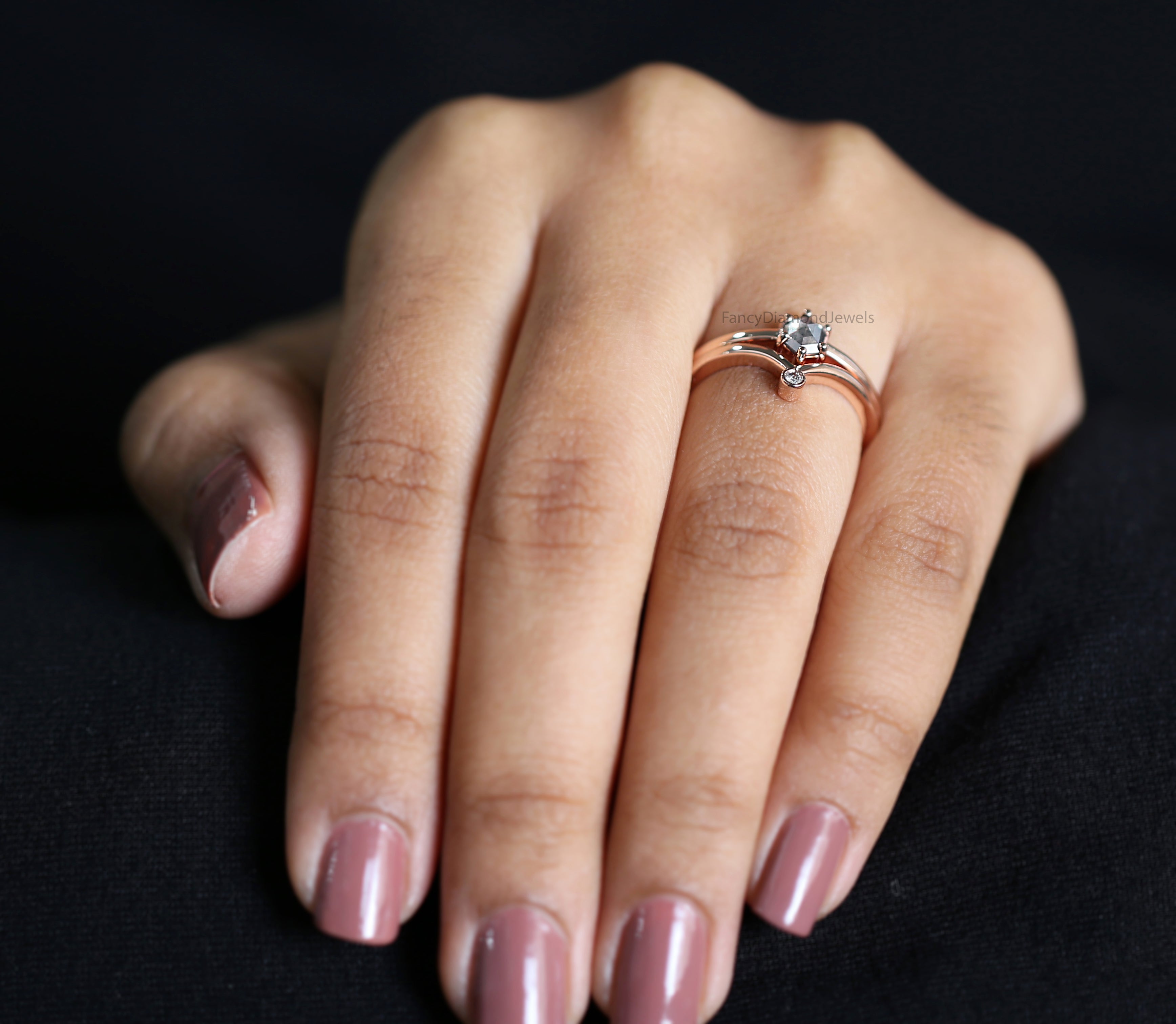 Hexagon salt and pepper Diamond Ring, Salt and pepper Hexagon Diamond Engagement Ring, Hexagon Diamond Ring, Hexagon Bridal Ring Set, KD1143