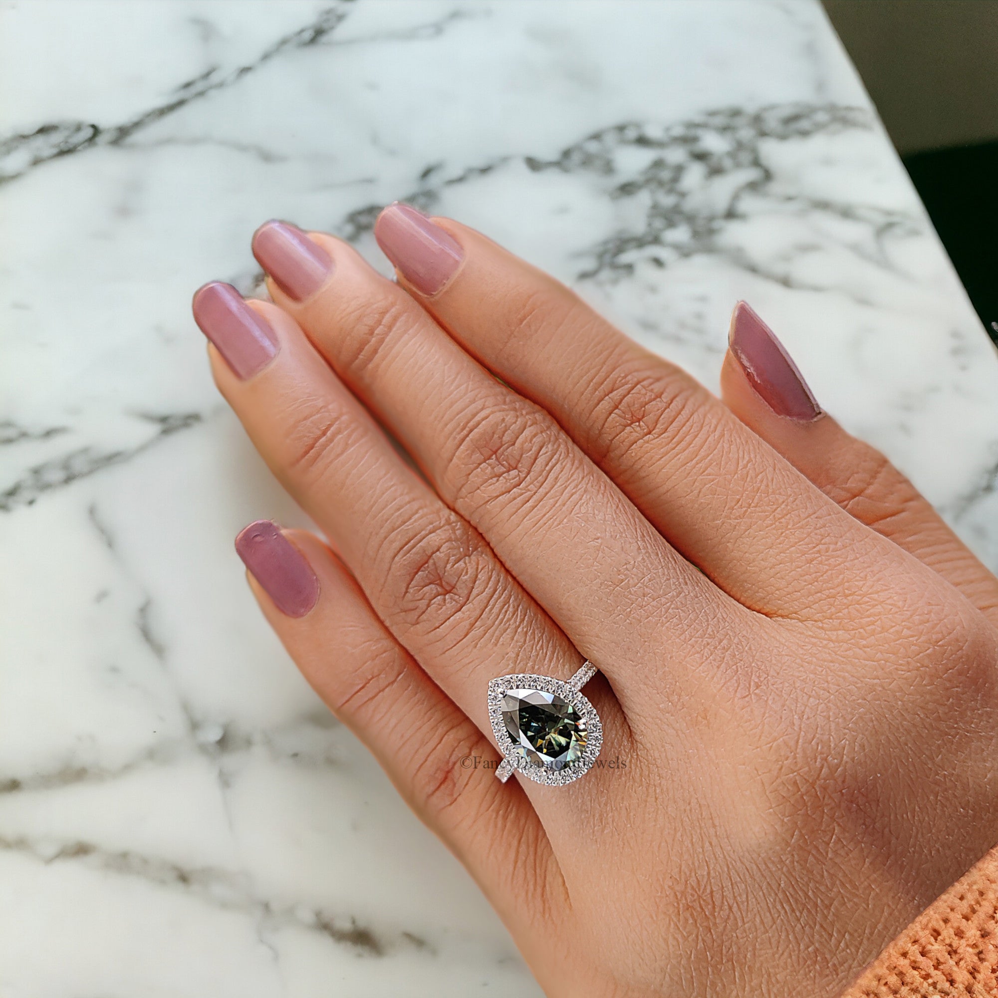Pear Cyan Green Moissanite Ring Halo Engagement Ring 2.30 TW Pear Shaped Moissanite Ring Proposal Ring For Her Anniversary Gift Ring FD40