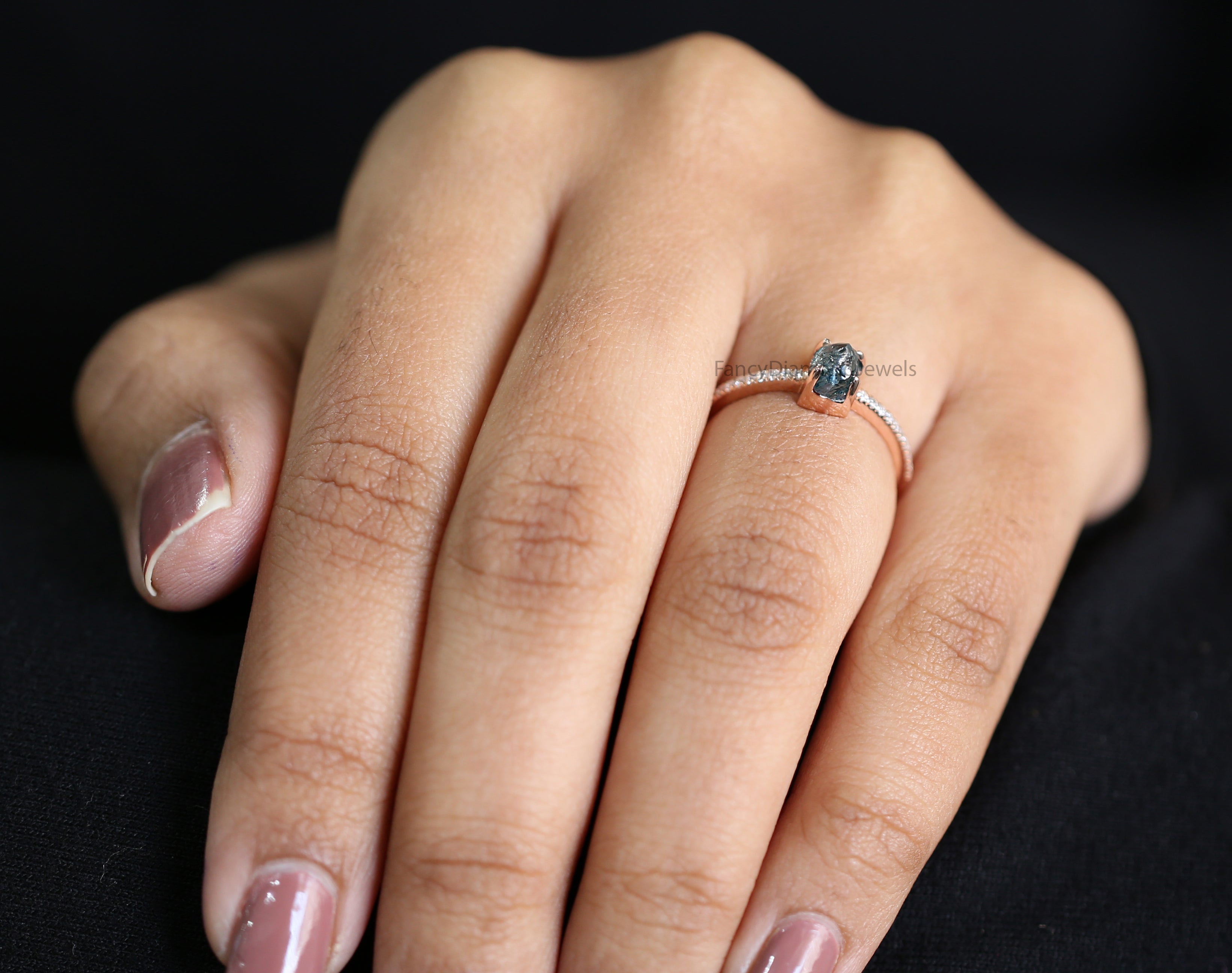 Rough Blue Color Diamond Ring 0.76 Ct 5.25 MM Crystal Rough Diamond Ring 14K Solid Rose Gold Silver Engagement Ring Gift For Her QLB2235