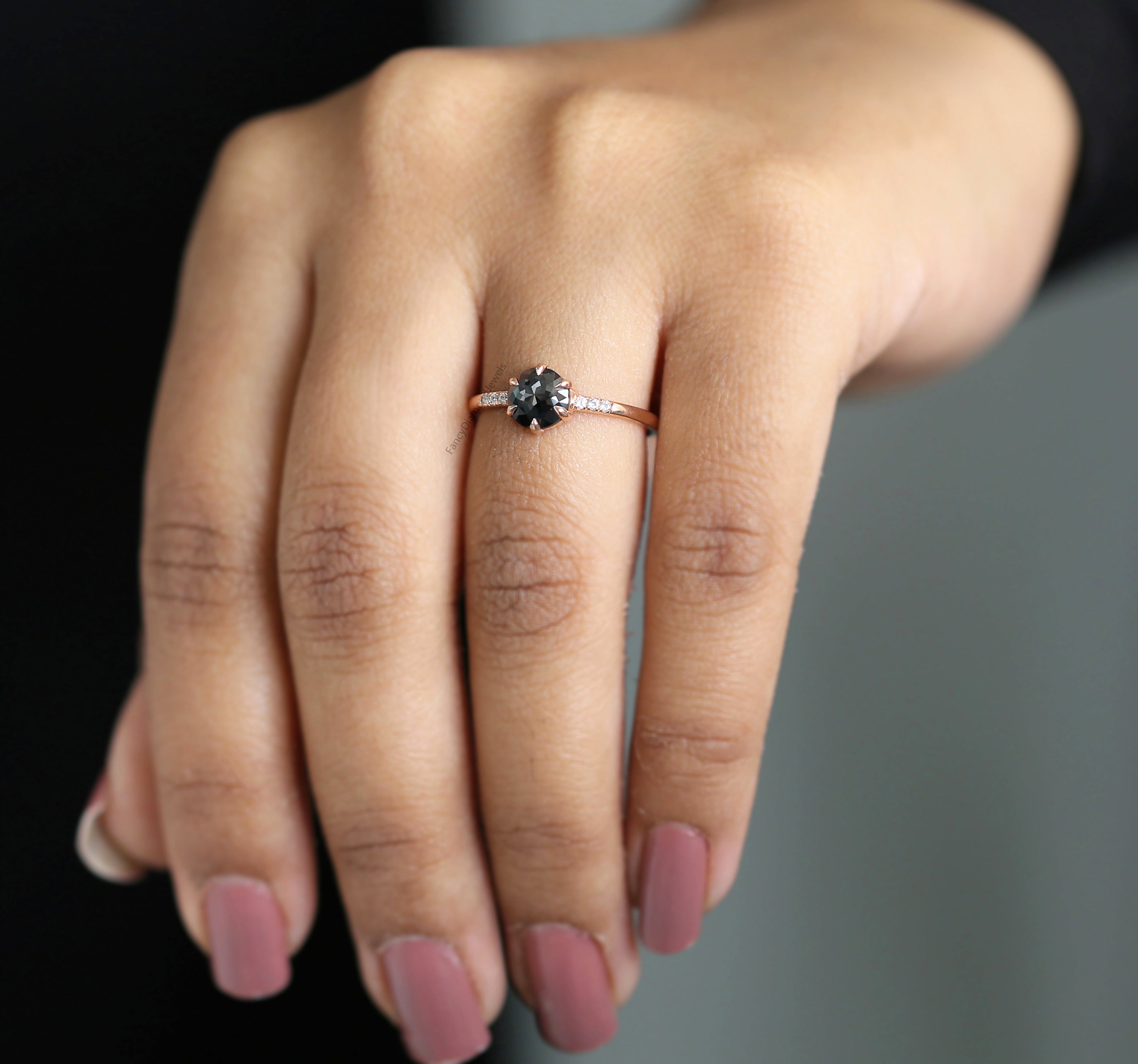Round Rose Cut Black Color Diamond Ring 0.74 Ct 6.13 MM Round Shape Diamond Ring 14K Rose Gold Silver Engagement Ring Gift For Her QN2508