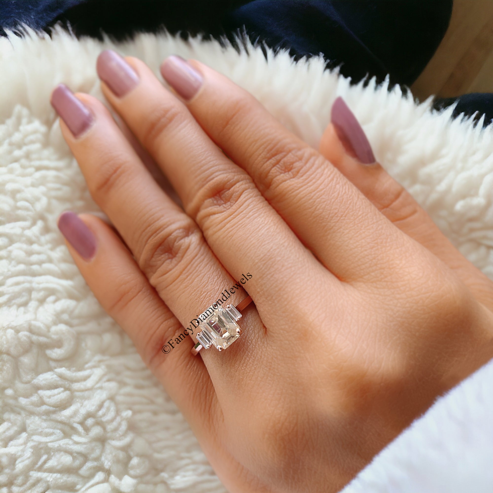 Three Stone Ring Emerald With Side Baguettes 1.50 CT Colorless Emerald Moissanite Engagement Ring Wedding Ring Rose Gold Designer Ring FD95