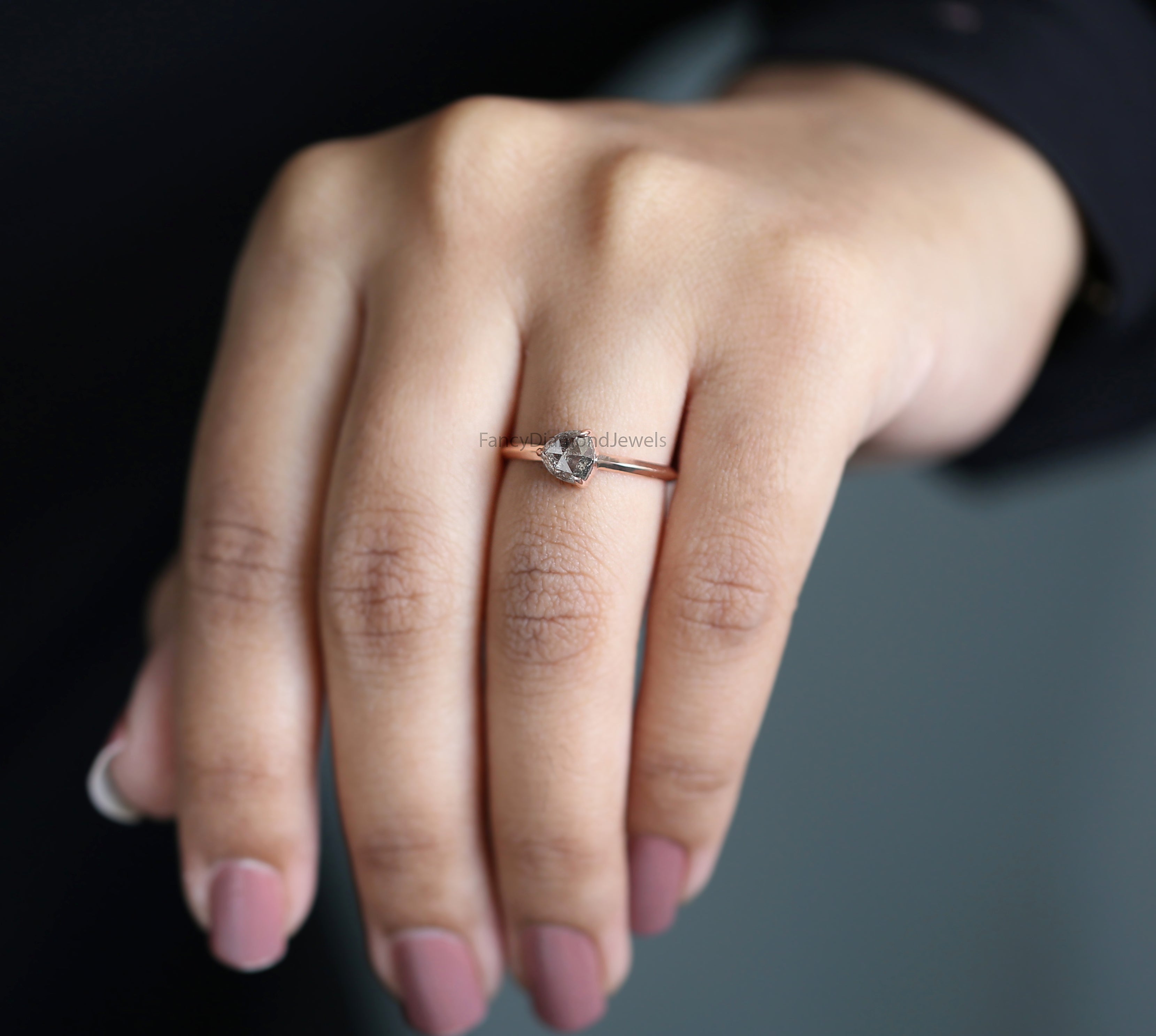 Triangle Salt And Pepper Diamond Ring 0.95 Ct 5.71 MM Triangle Diamond Ring 14K Solid Rose Gold Silver Engagement Ring Gift For Her QL3060