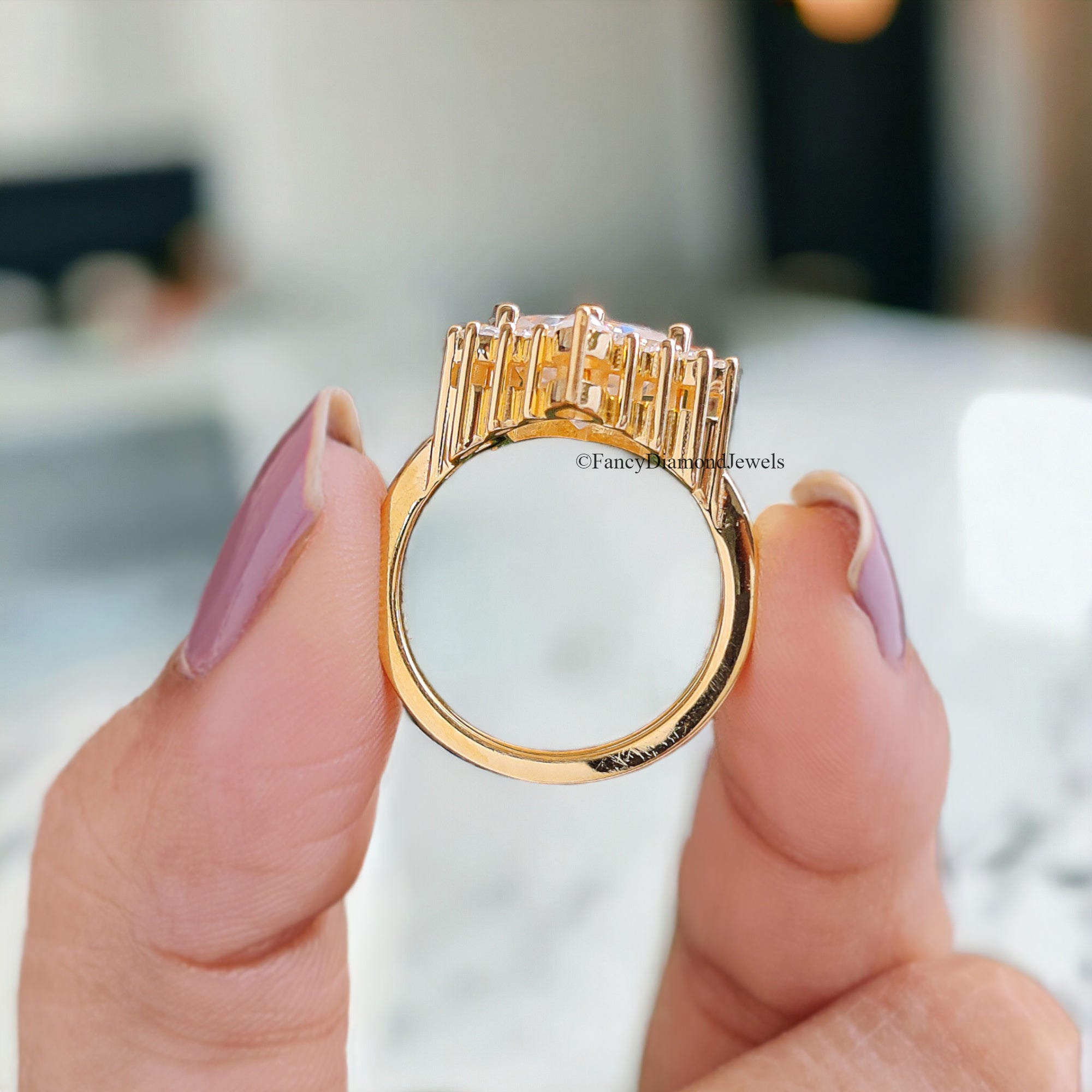 Vintage Moissanite Engagement Ring Set 3.00 CT Moissanite Ring Hexagon Yellow Gold Crown Ring Unique Stacking Ring Diamond Cluster Ring FD82