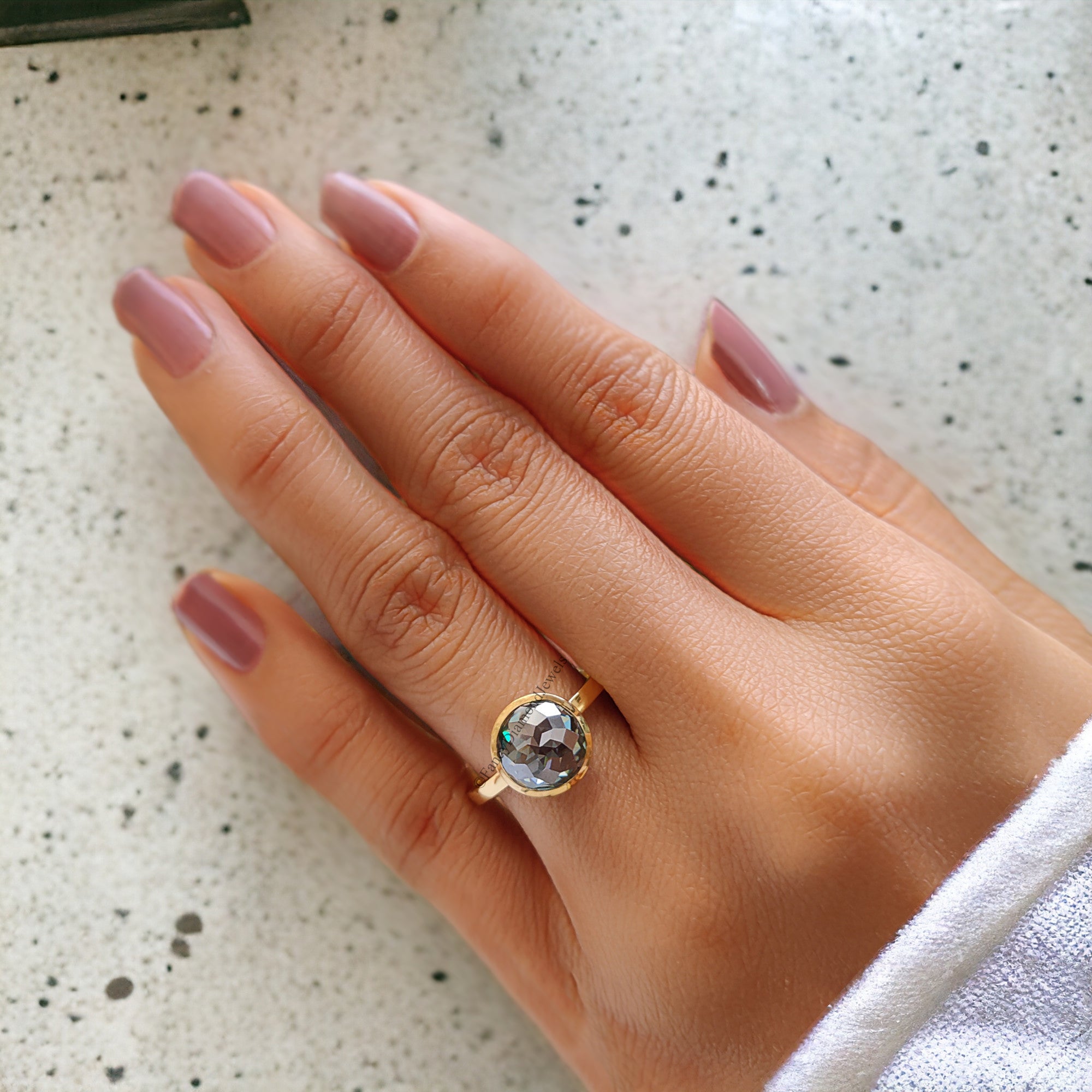 Round Rose Cut Moissanite Bezel Set Engagement Ring 2.35 ct Blue Green Moissanite Round Rose Cut Yellow Gold Silver Ring Gift For Her FD55