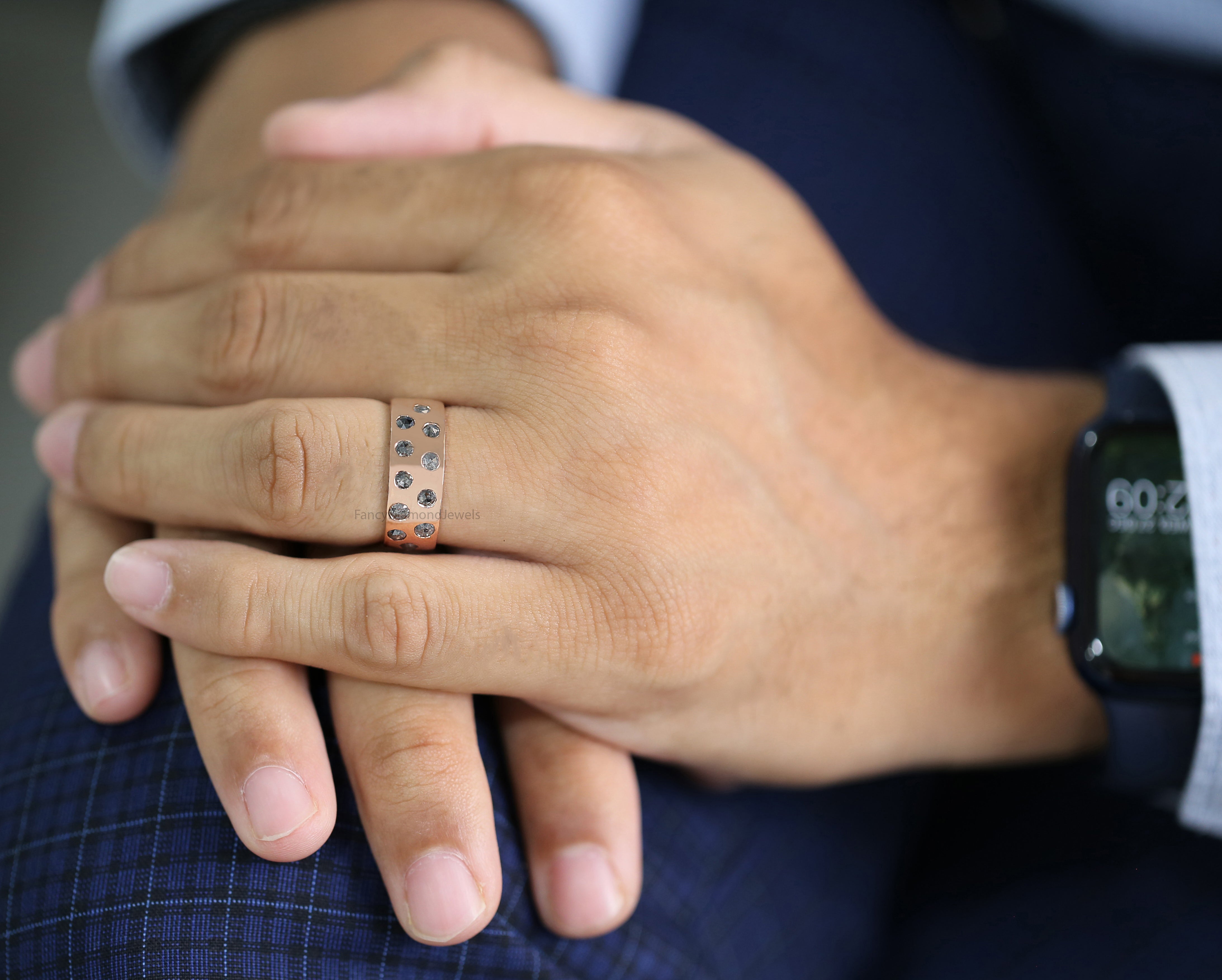 Round Rose Cut Salt And Pepper Diamond Band, Salt And Pepper Rose Cut Diamond Engagement Band, Rose Cut Diamond Band, Round Band KDL1552