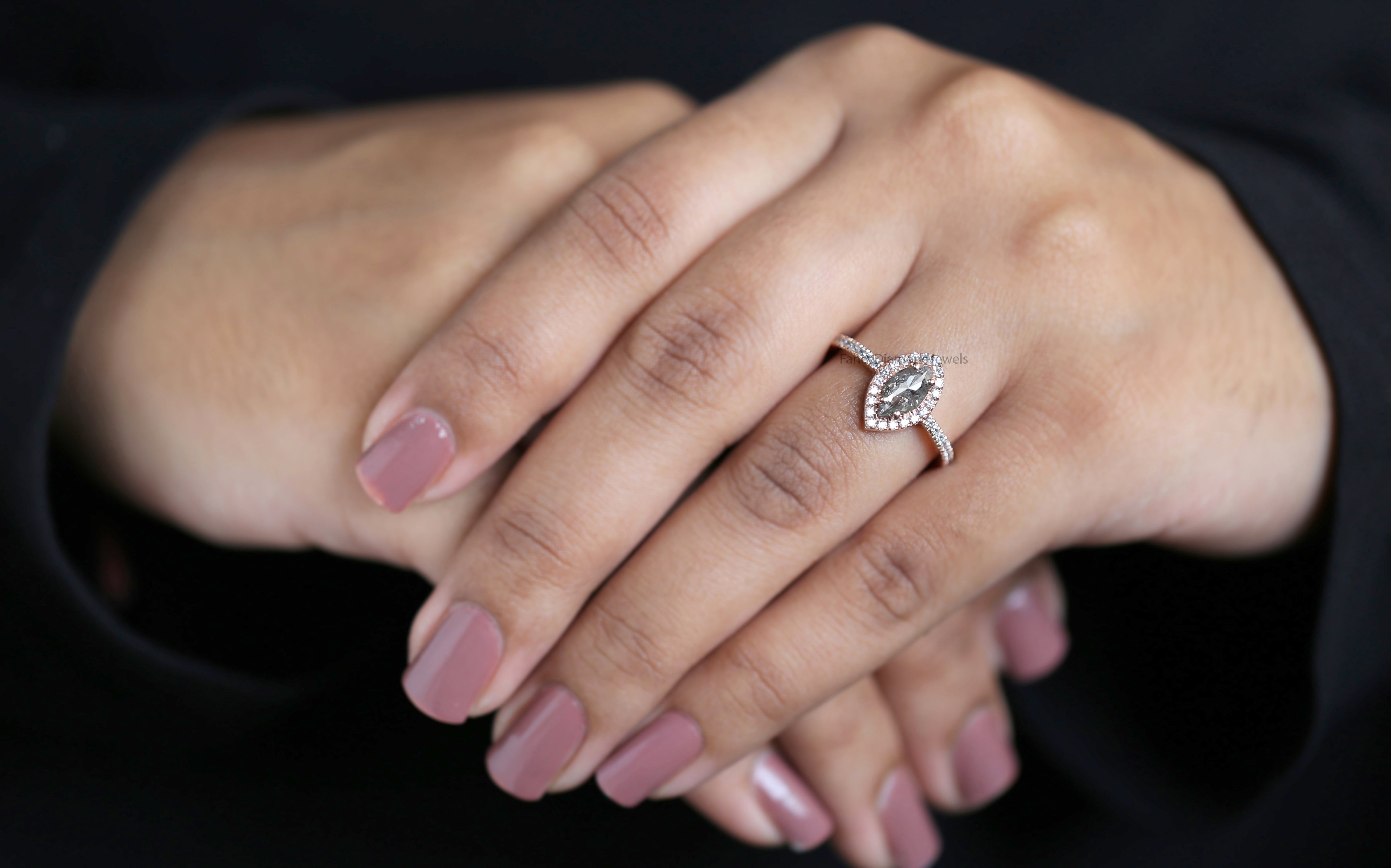 Marquise Cut Salt And Pepper Diamond Ring 0.83 Ct 8.50 MM Marquise Diamond Ring 14K Rose Gold Silver Engagement Ring Gift For Her QN9798