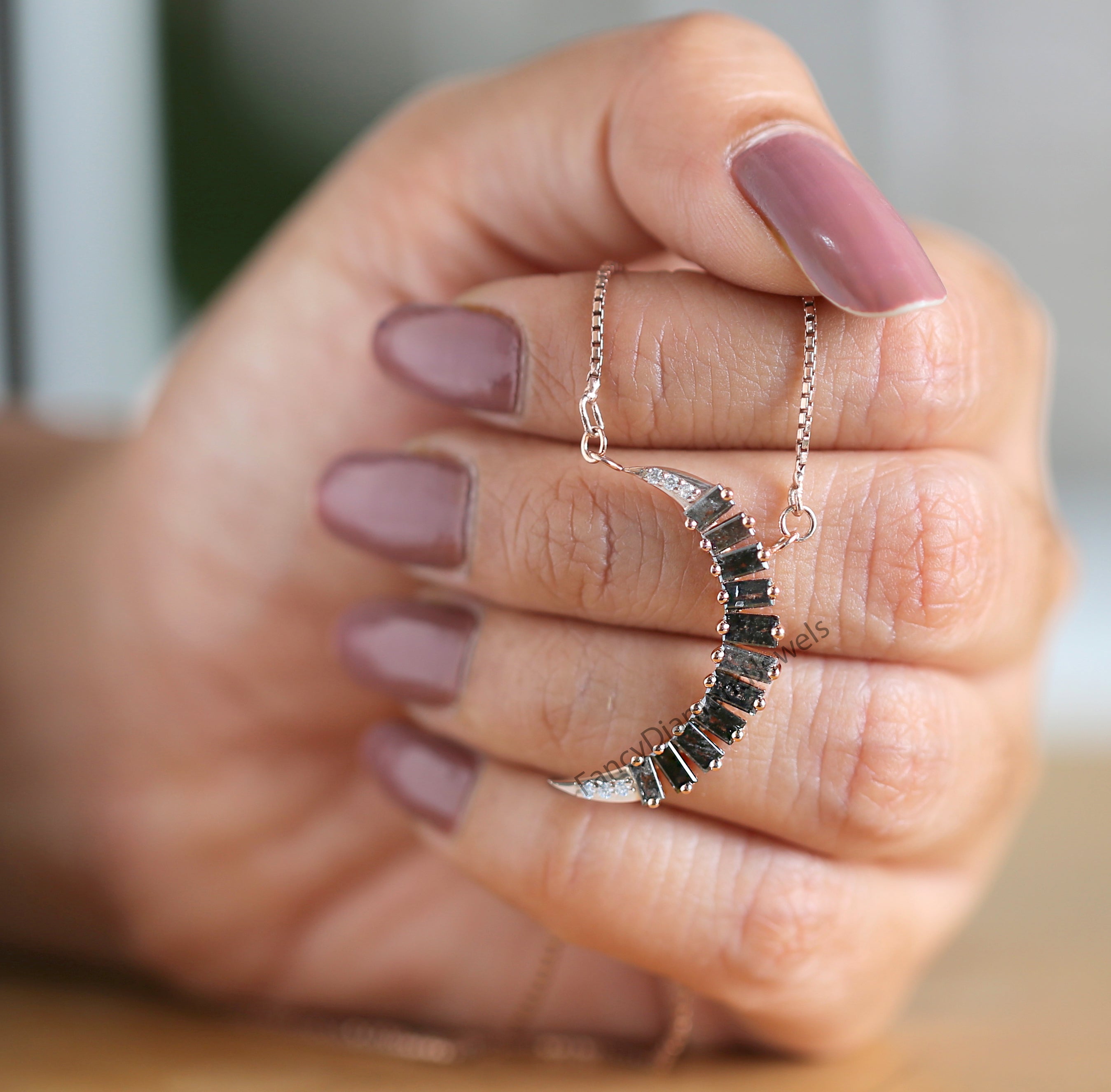 Baguette Salt And Pepper Diamond Pendant, Unique Diamond Pendant, Salt And Pepper Diamond Pendant, Baguette Shape Dangling Pendant, KDN1895