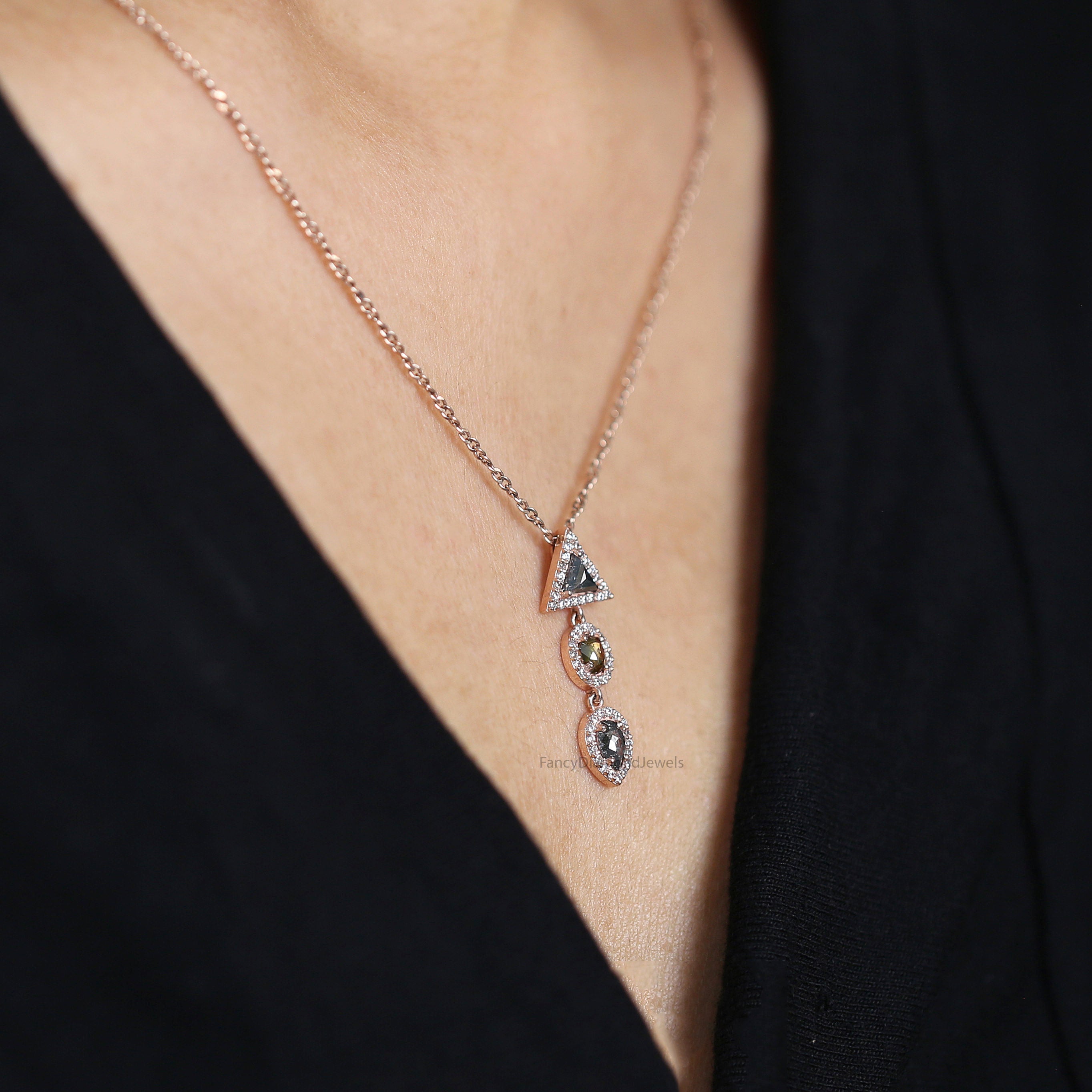 Mix Shape Black Grey Diamond Pendant 0.71 Ct 5.35 MM Mix Shape Diamond Pendant 14K Solid Rose Gold Engagement Pendant Gift For Her QL1186