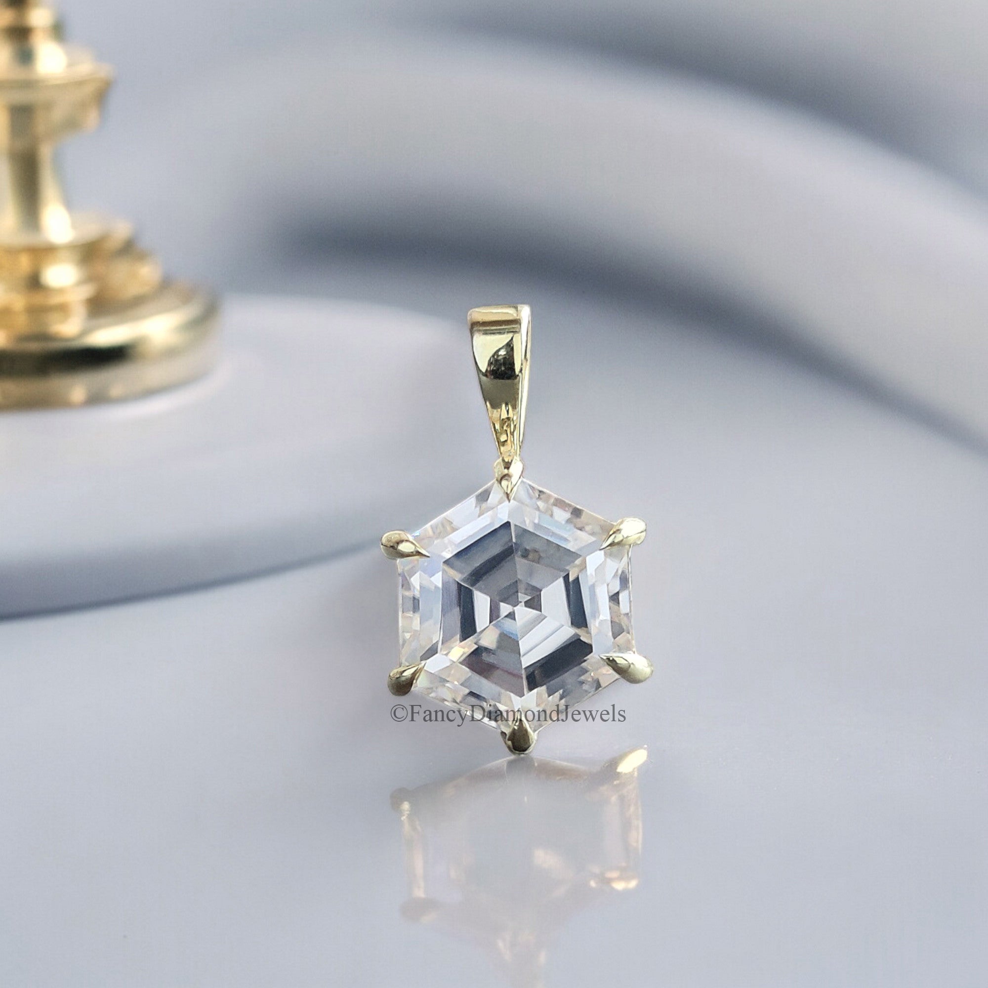 Antique Moissanite Pendant 2.55 CT Hexagon Cut Yellow Gold Handmade Jewelry Six Pointed Claw Prong Setting Pendant Solitaire Pendant FD190
