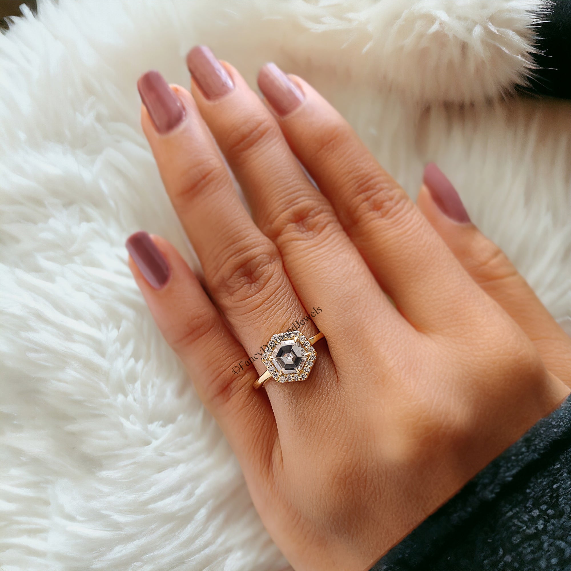 1.00 CT Hexagon And Round Cut Colorless Moissanite Halo Engagement Ring Prong Set Wedding Ring Cathedral Ring Anniversary Gift Ring FD84