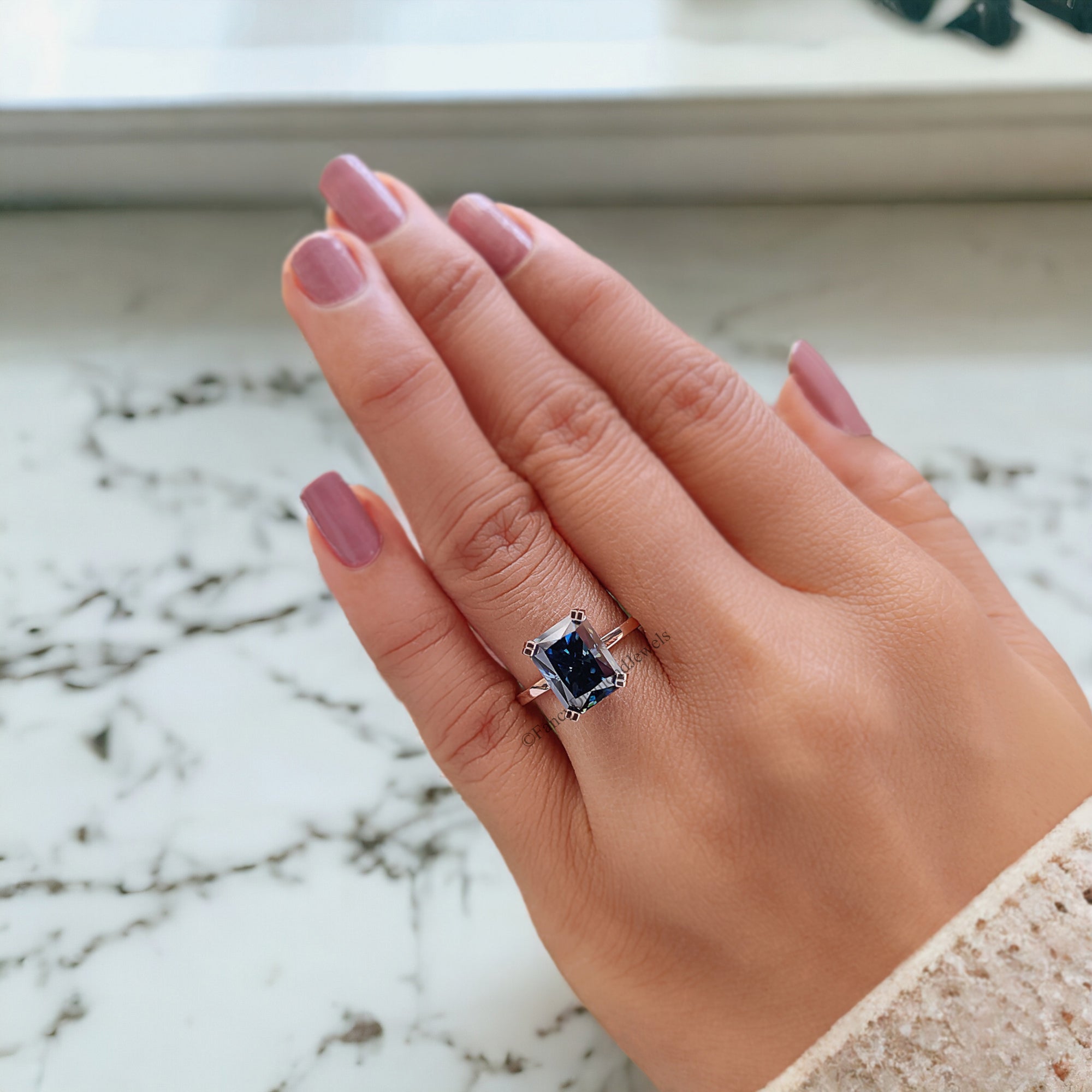 2.90 CT Royal Blue Radiant Ring Moissanite Ring Double Claw Prong Set Ring 14 KT Solid Rose Gold Ring Engagement Ring Wedding Ring FD169