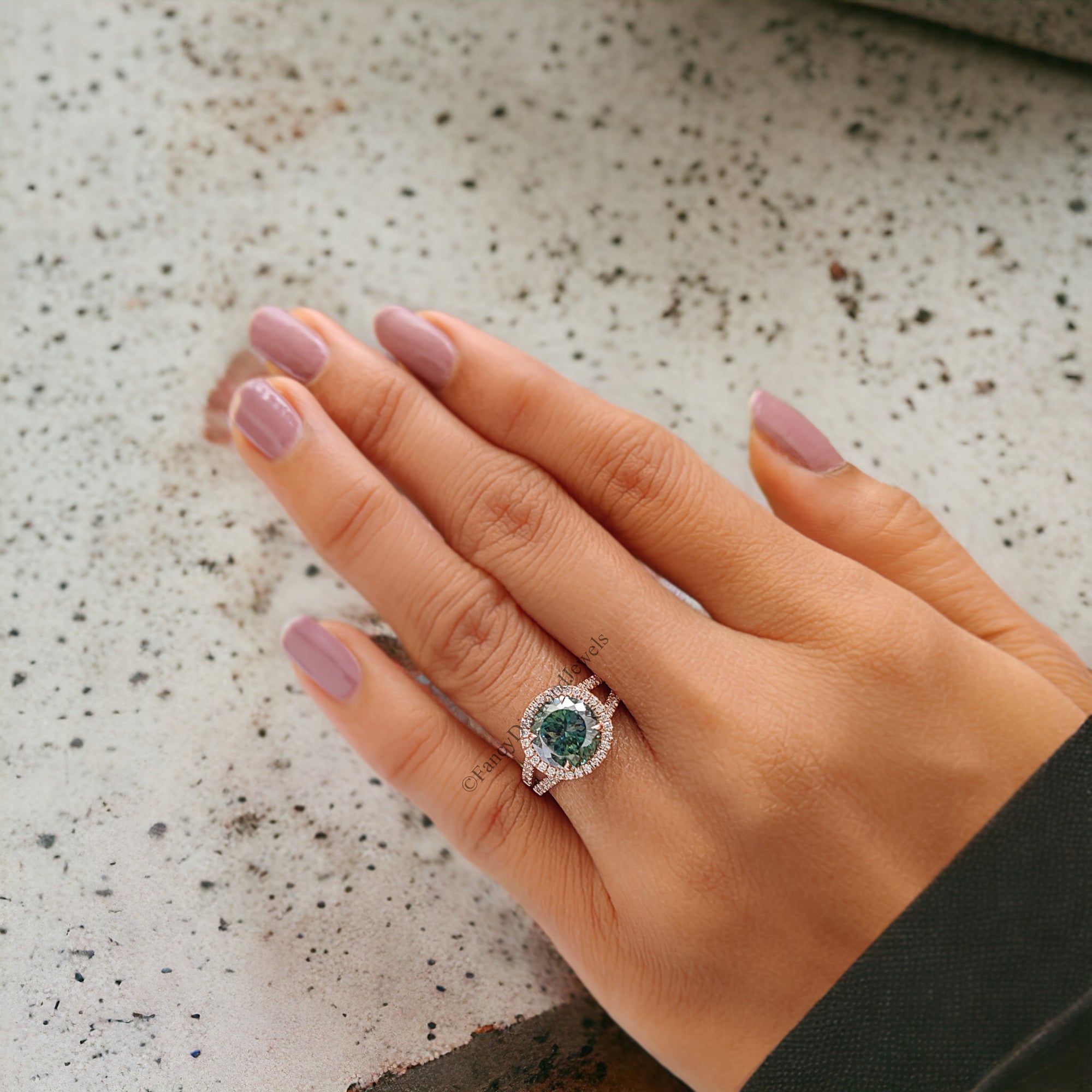 Cyan Blue Round Portuguese Cut Moissanite Ring - Rose Gold Halo Engagement Ring With Split Shank And Round Brilliant Cut Side Stones FD209