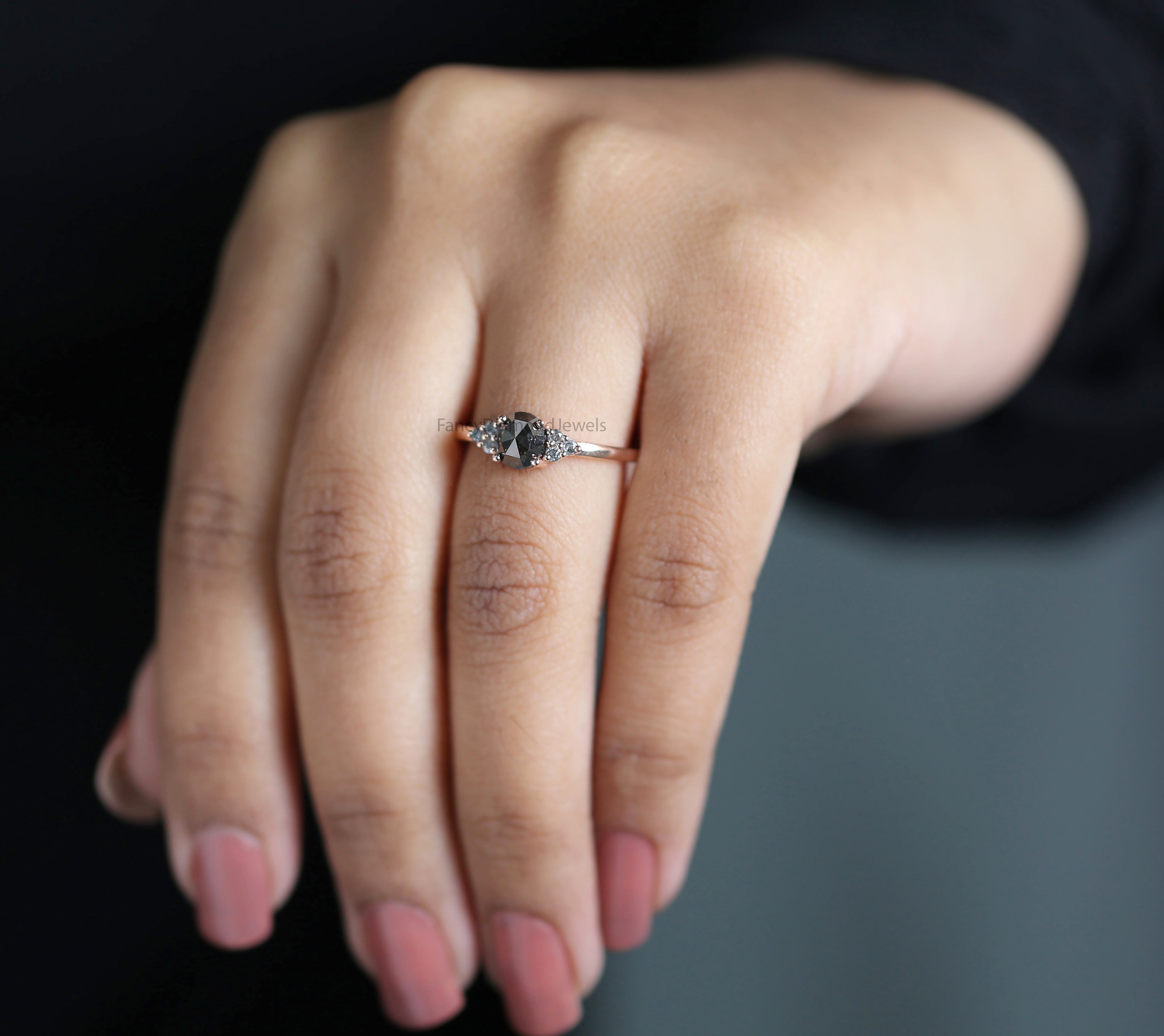 Oval Cut Salt And Pepper Diamond Ring 0.92 Ct 5.95 MM Oval Diamond Ring 14K Solid Rose Gold Silver Oval Engagement Ring Gift For Her QL3080