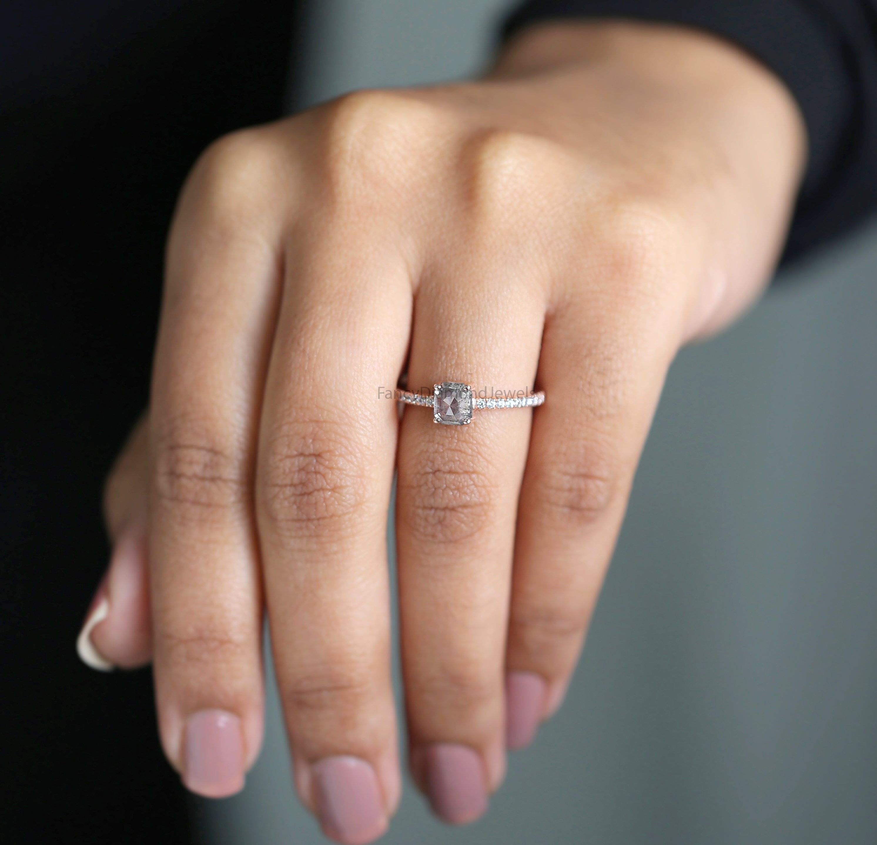 Emerald Cut Salt And Pepper Diamond Ring 1.05 Ct 5.60 MM Emerald Diamond Ring 14K Solid Rose Gold Silver Engagement Ring Gift For Her QL3062