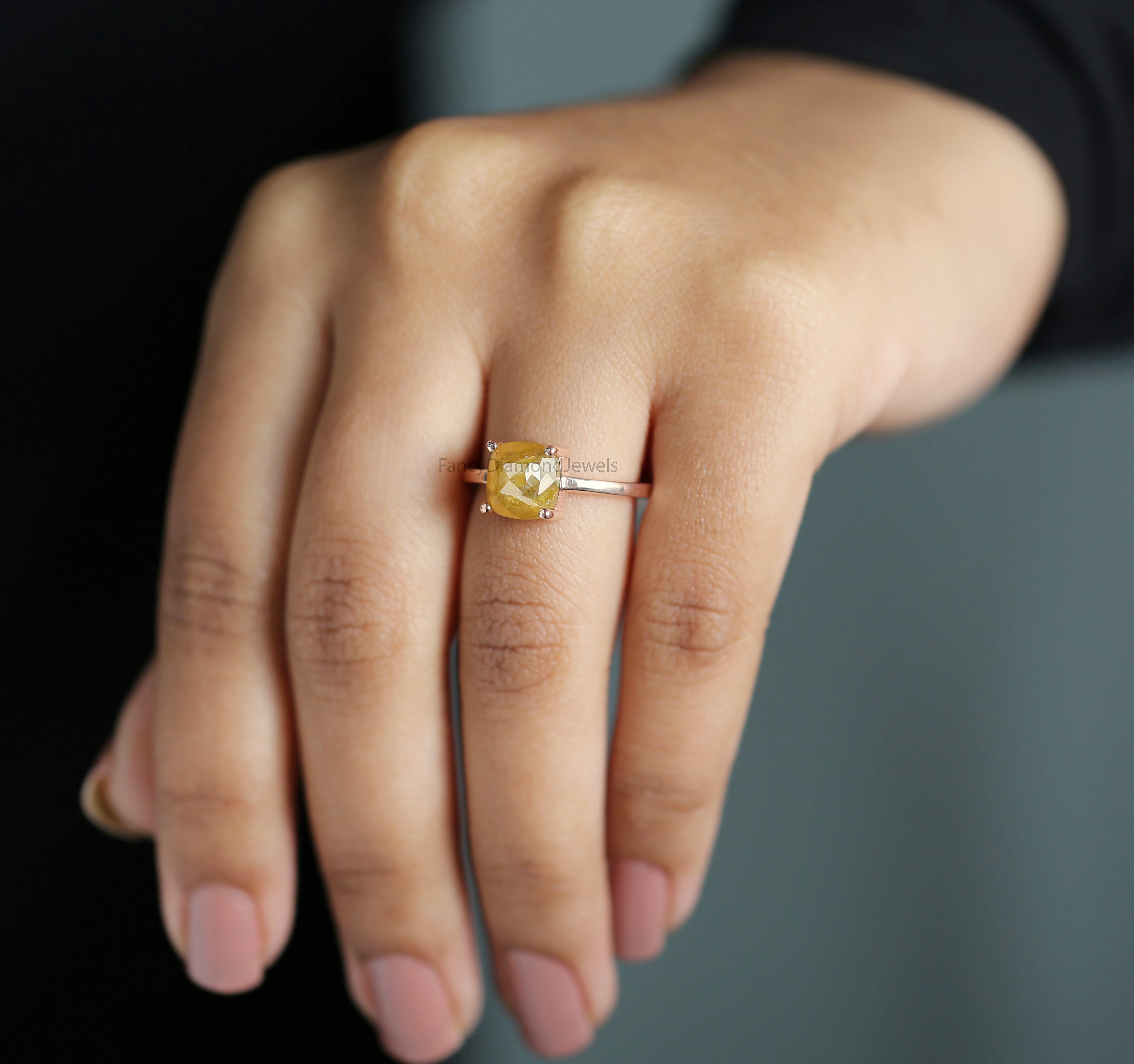 Cushion Shape Yellow Color Diamond Ring 2.94 Ct 7.70 MM Cushion Diamond Ring 14K Solid Rose Gold Silver Engagement Ring Gift For Her QL6112