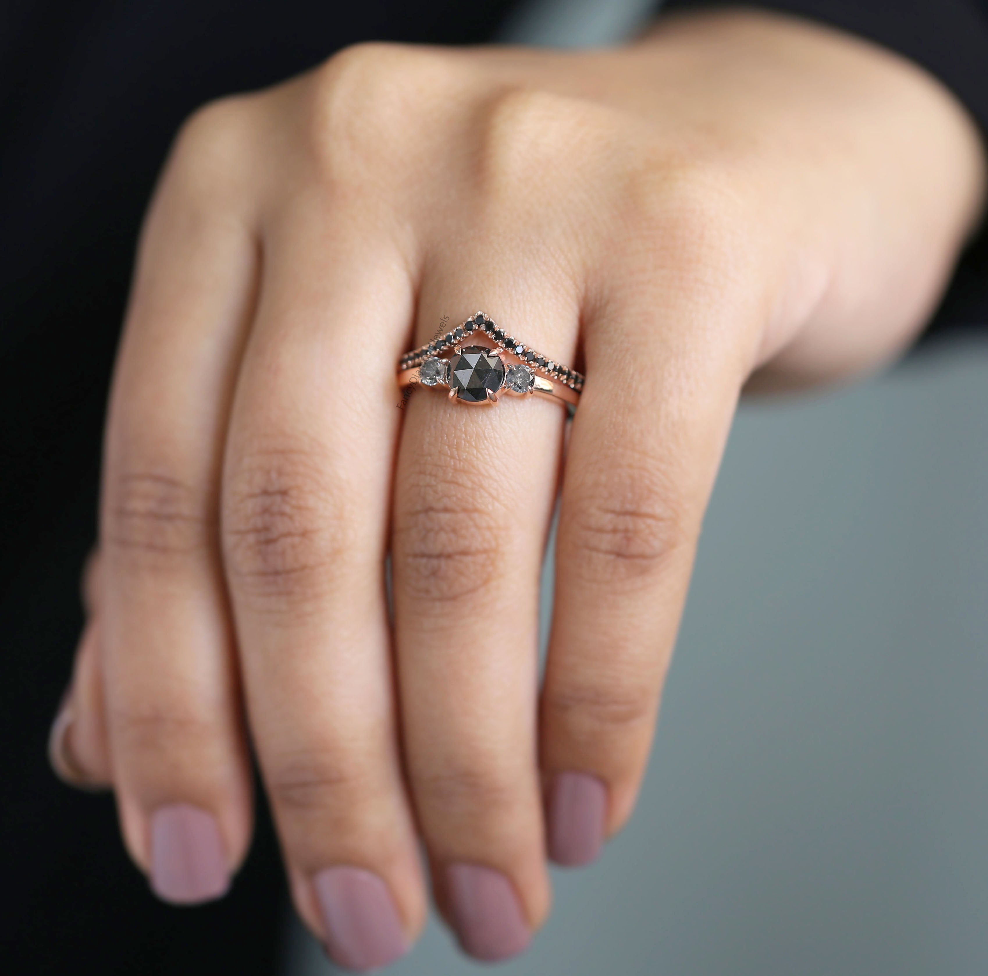 14K Gold 1.30 CTW Vintage Natural Black Diamond Engagement Ring Black Round Twisted Band Wedding Ring Set Bridal Set Gift For Her KD238