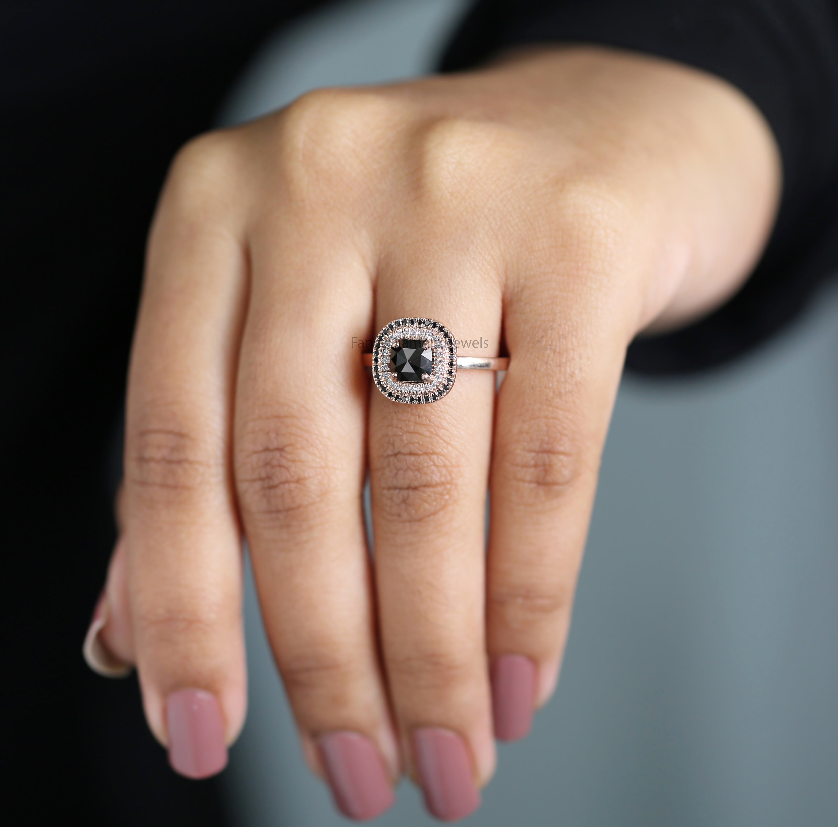 Cushion Shape Black Color Diamond Ring 1.02 Ct 5.80 MM Cushion Diamond Ring 14K Solid Rose Gold Silver Engagement Ring Gift For Her QN2518