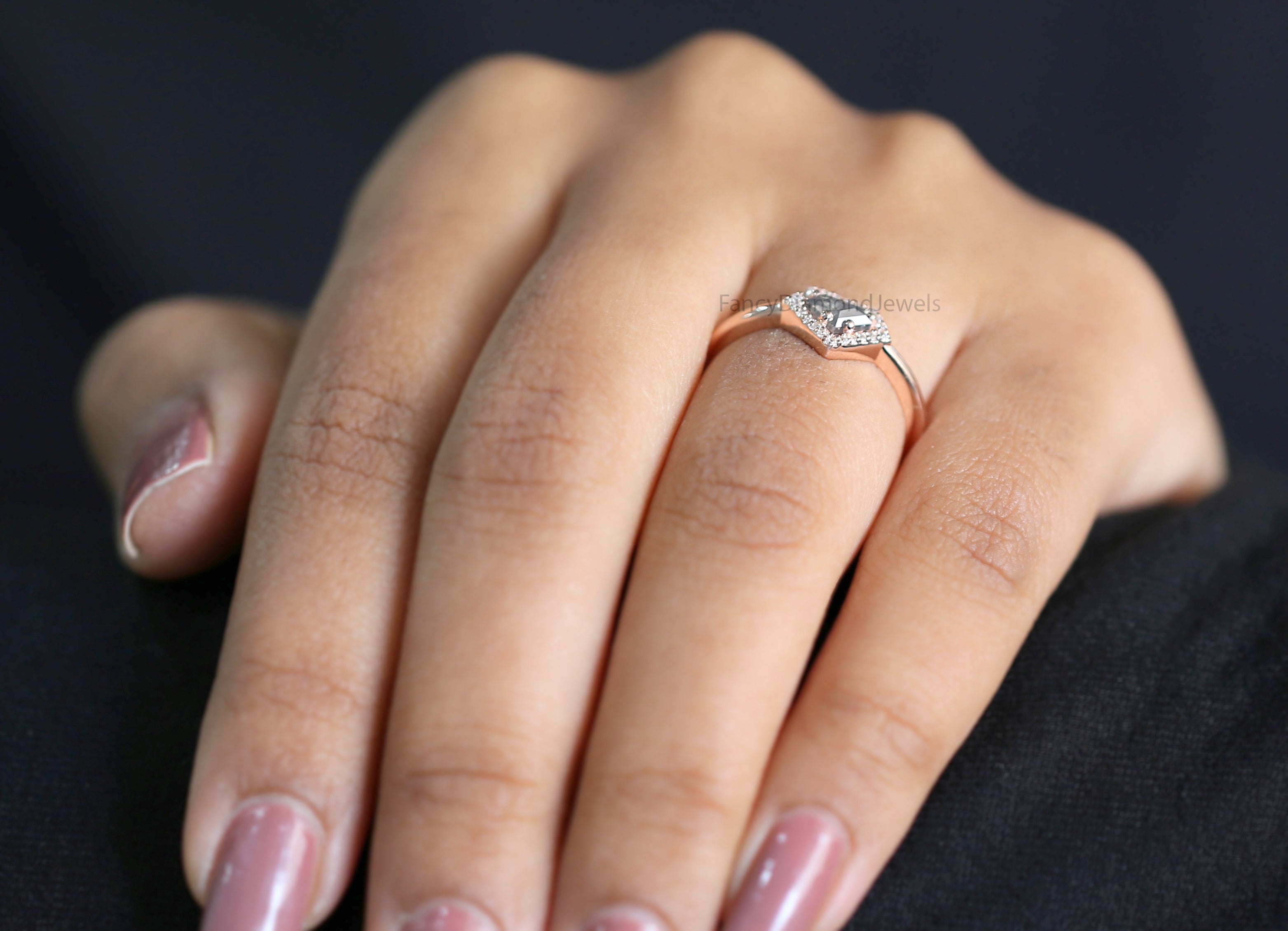 Shield salt and pepper Diamond Ring, Salt and pepper Shield Diamond Engagement Ring, Shield Diamond Ring, Halo Ring, Shield Ring, KD1122