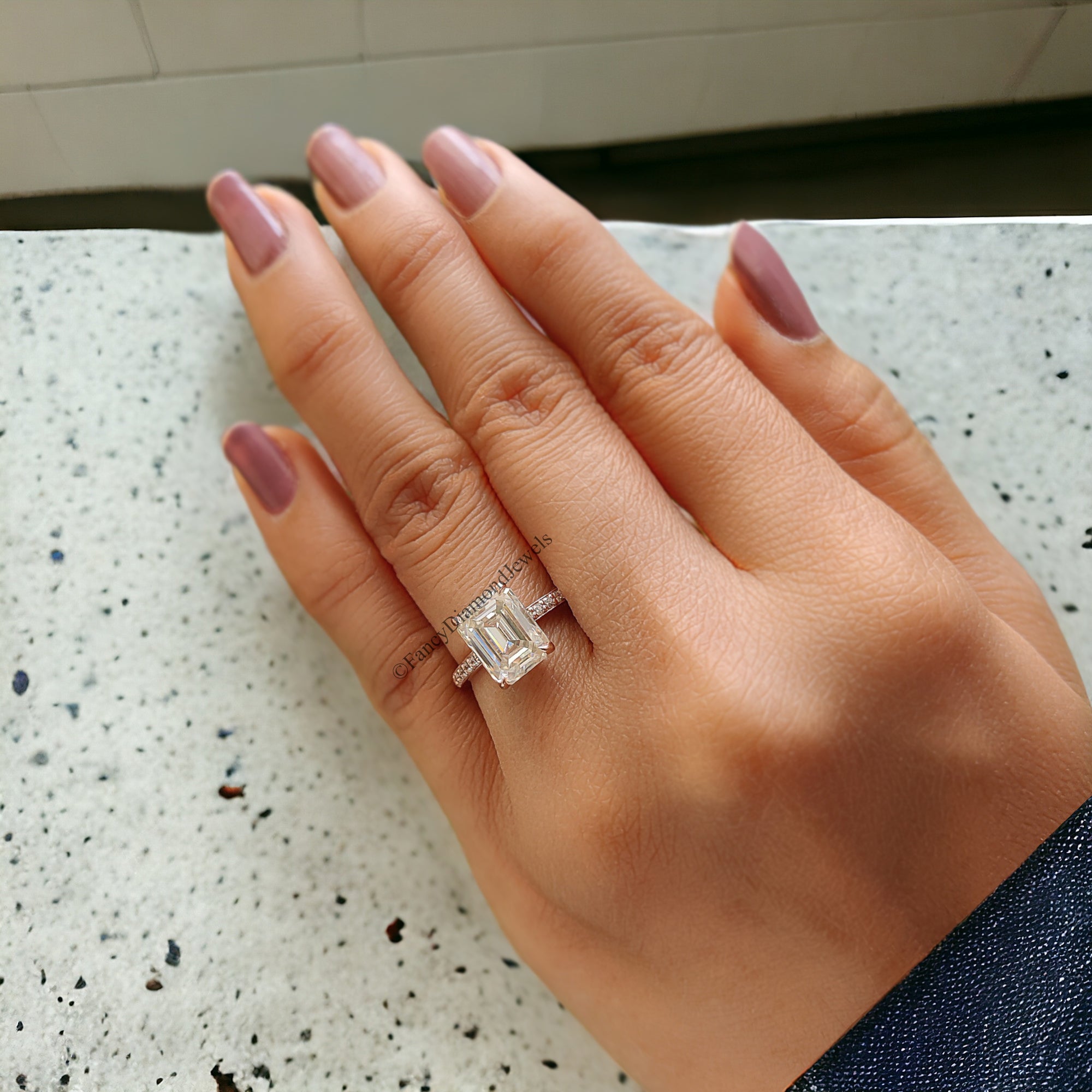 Handmade Custom Ring Emerald Cut Colorless Moissanite Engagement Ring 4 Prongs Wedding Promise Ring 14K Solid Gold Ring Stacking Rings FD72