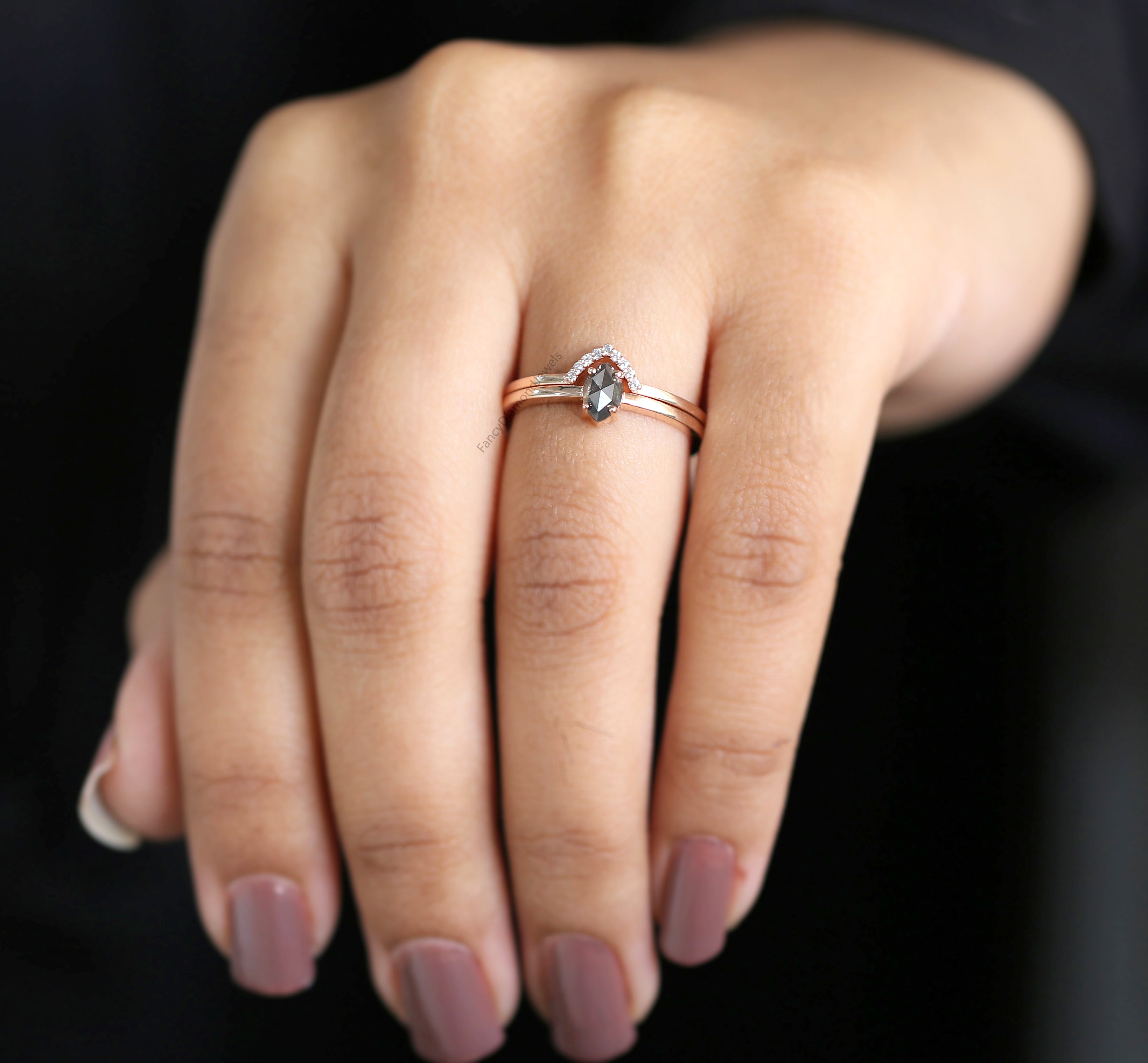 Marquise Salt And Pepper Diamond Ring, Salt And Pepper Marquise Diamond Engagement Ring, Marquise Cut Ring, Marquise Bridal Ring Set, KD1130