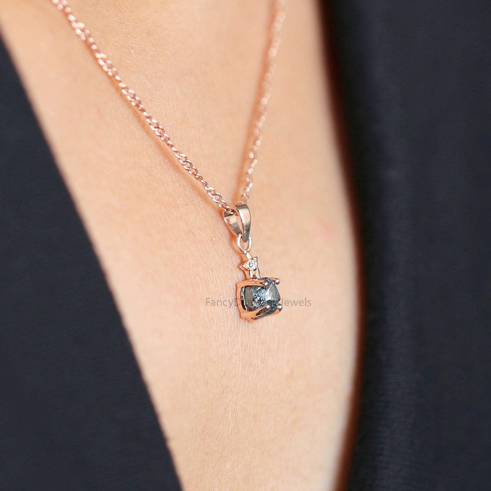 Rough Blue Color Diamond Pendant 1.01 Ct 5.81 MM Rough Diamond Pendant 14K Solid Rose Gold Silver Engagement Pendant Gift For Her QL2323