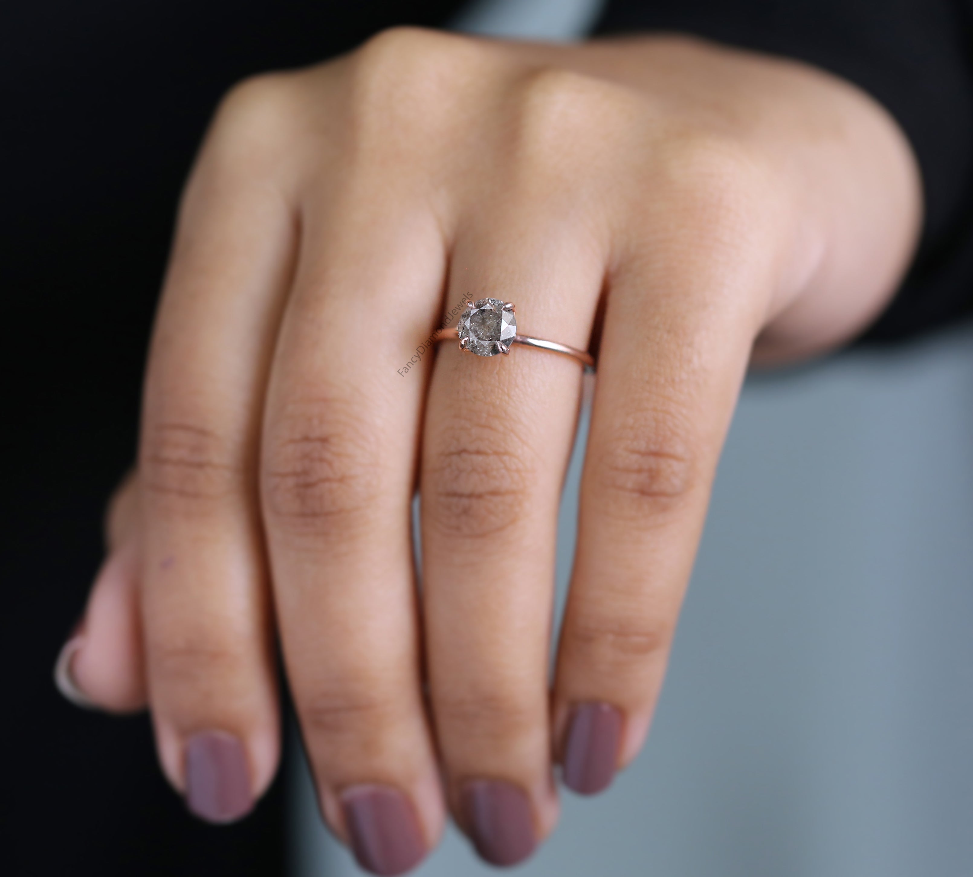 Round Cut Salt And Pepper Diamond Ring 1.31 Ct 6.76 MM Round Diamond Ring 14K Solid Rose Gold Silver Engagement Ring Gift For Her QL2032