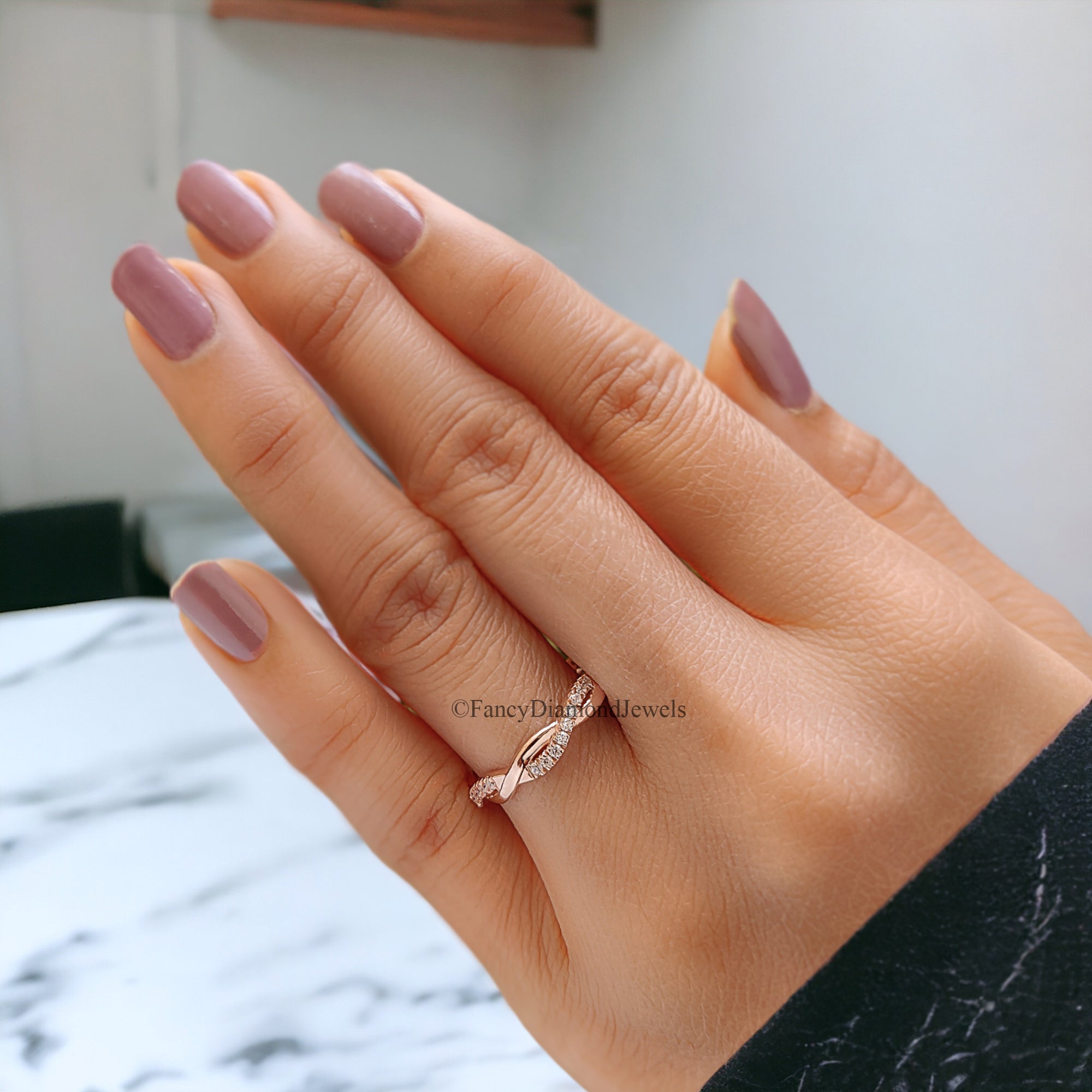 Unique Twisted Shank Wedding Band Rose Gold Matching Delicate Dainty Ring Stacking Full Eternity Bridal Wedding band Infinity band FD62