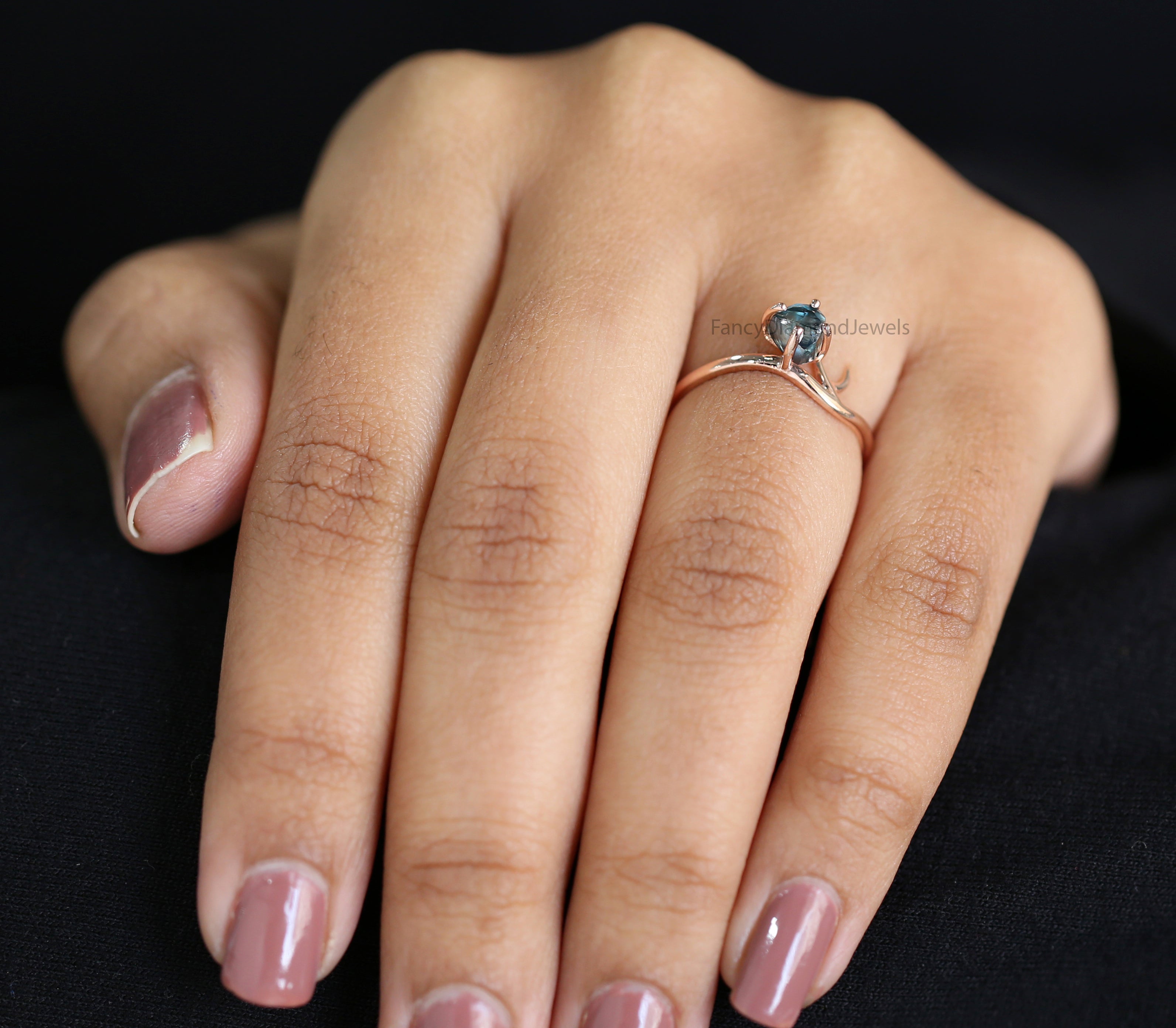 Rough Blue Color Diamond Ring 0.95 Ct 5.08 MM Crystal Rough Diamond Ring 14K Solid Rose Gold Silver Engagement Ring Gift For Her QL2231