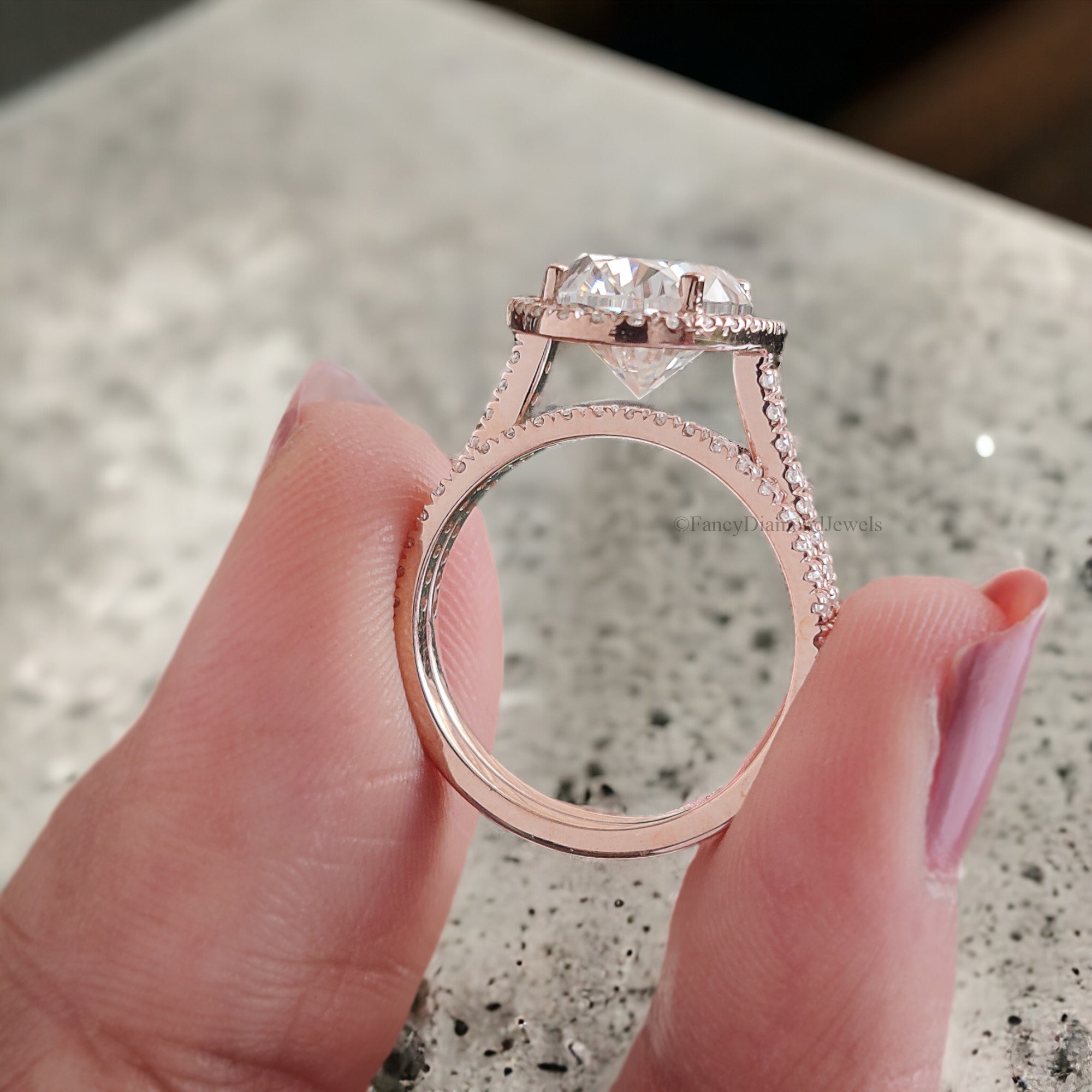 Oval Moissanite Engagement Ring Rose Gold Moissanite And Diamond Halo Ring Diamond Half Eternity Band Moissanite Bridal Ring Set FD134
