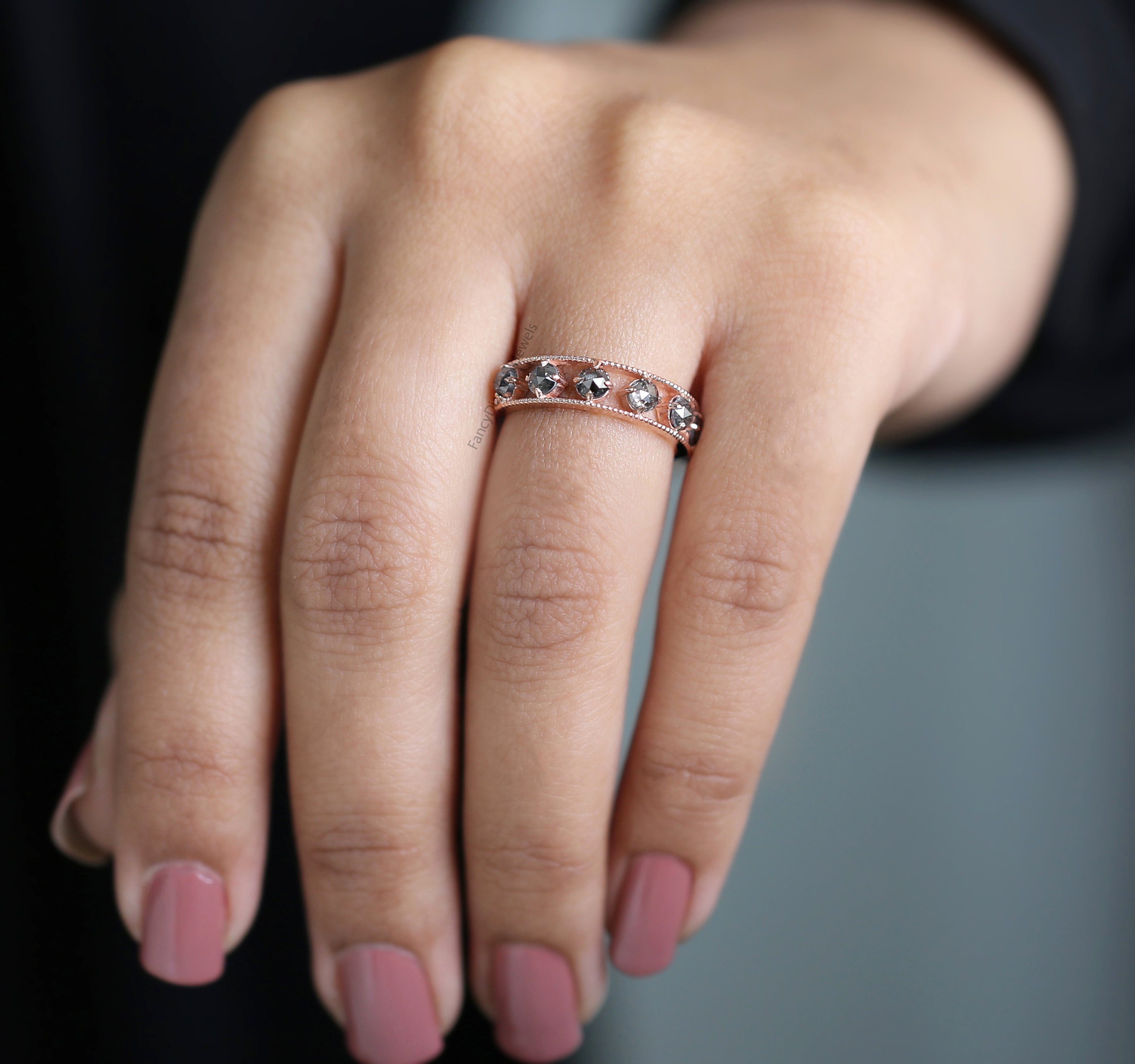 Round Rose Cut Salt And Pepper Diamond Ring 0.92 Ct 3.10 MM Round Diamond Ring 14K Rose Gold Silver Engagement Ring Gift For Her KD1224