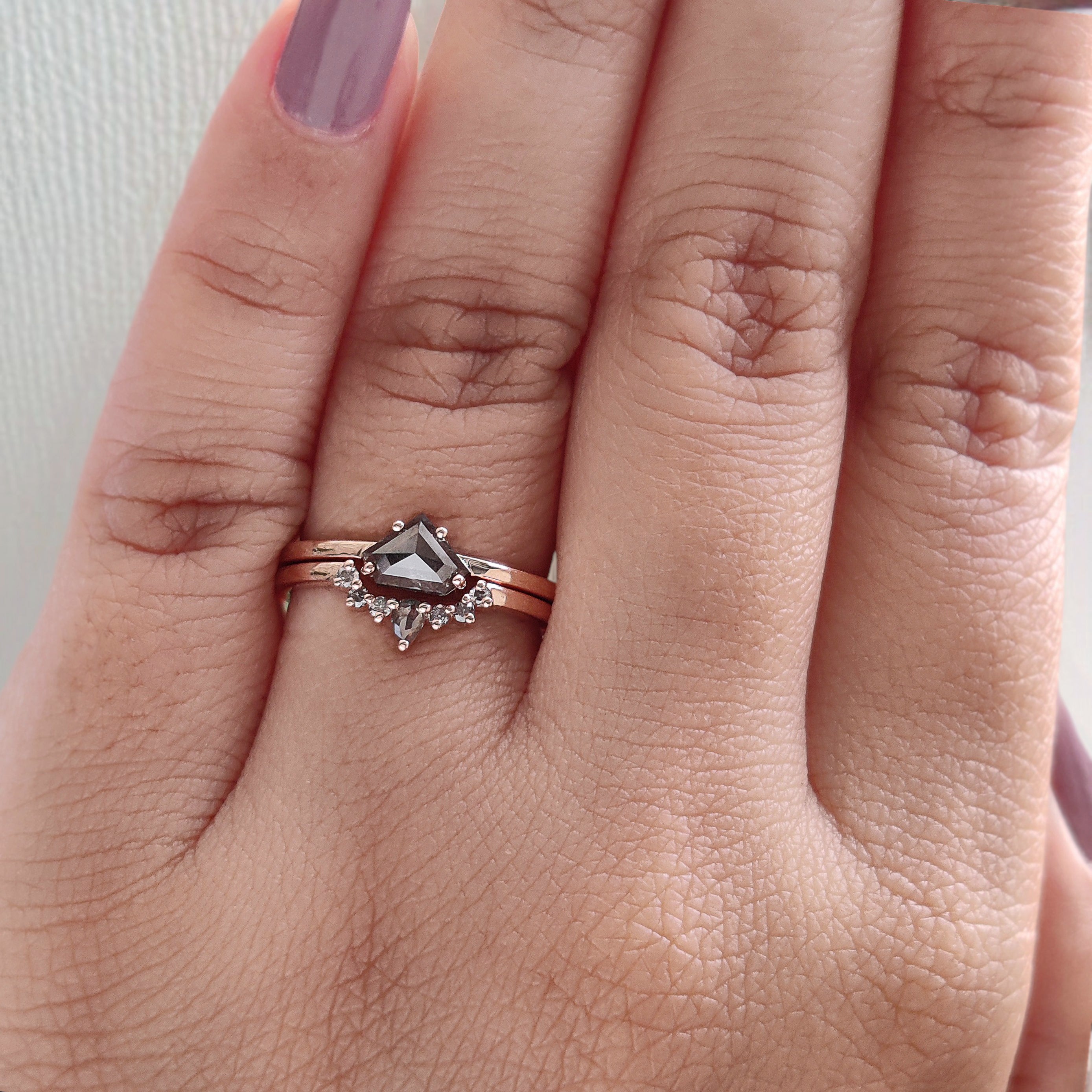 Shield Salt And Pepper Diamond Ring 0.61 CT 4.80 MM Shield Diamond Wedding Ring Set Rose Gold Silver Engagement Ring Gift For Her KDN1551