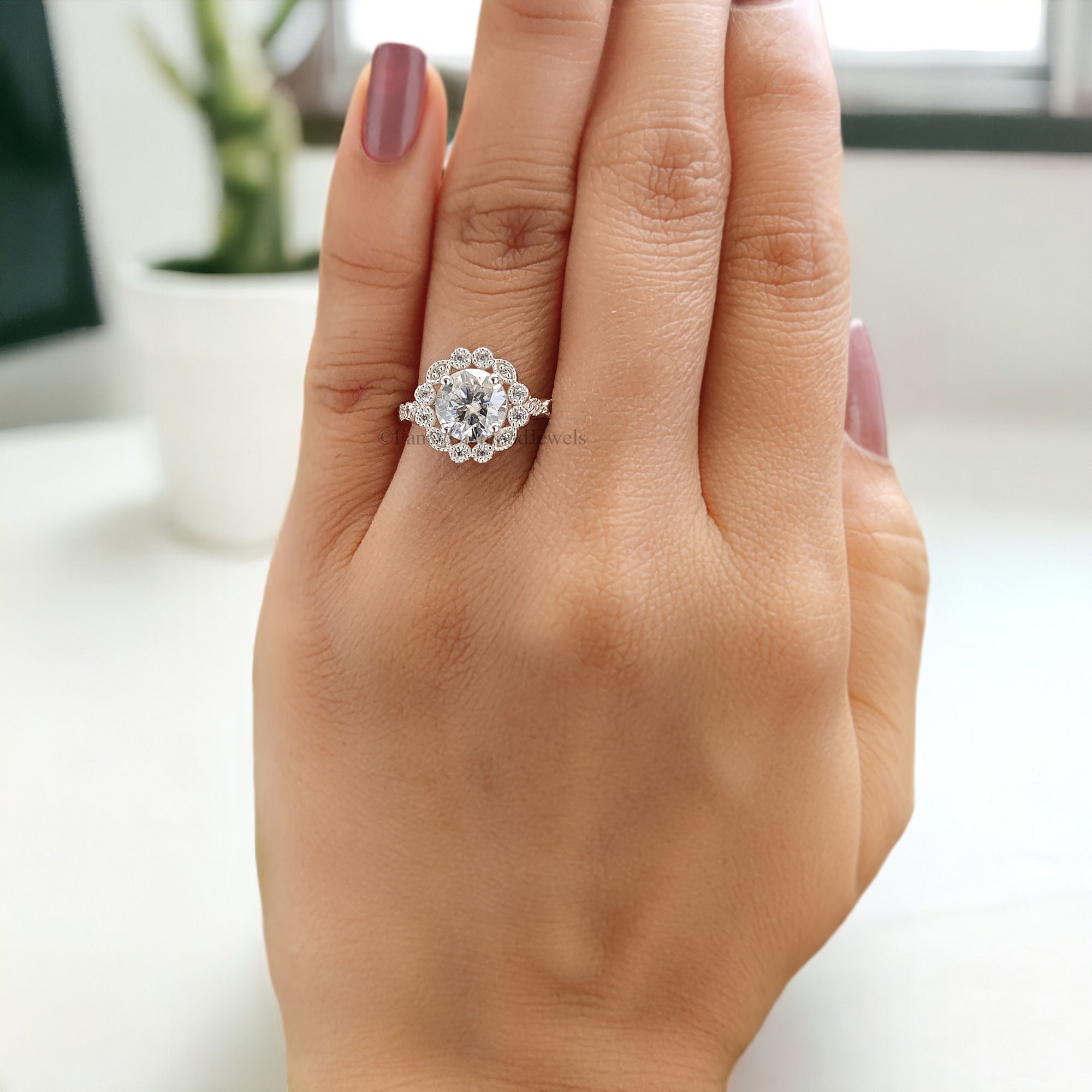 Round Cut Moissanite Engagement Ring Halo Milgrain Engagement Ring Handmade Jewelry White Gold Wedding Ring Surprise Gifts for Her FD124