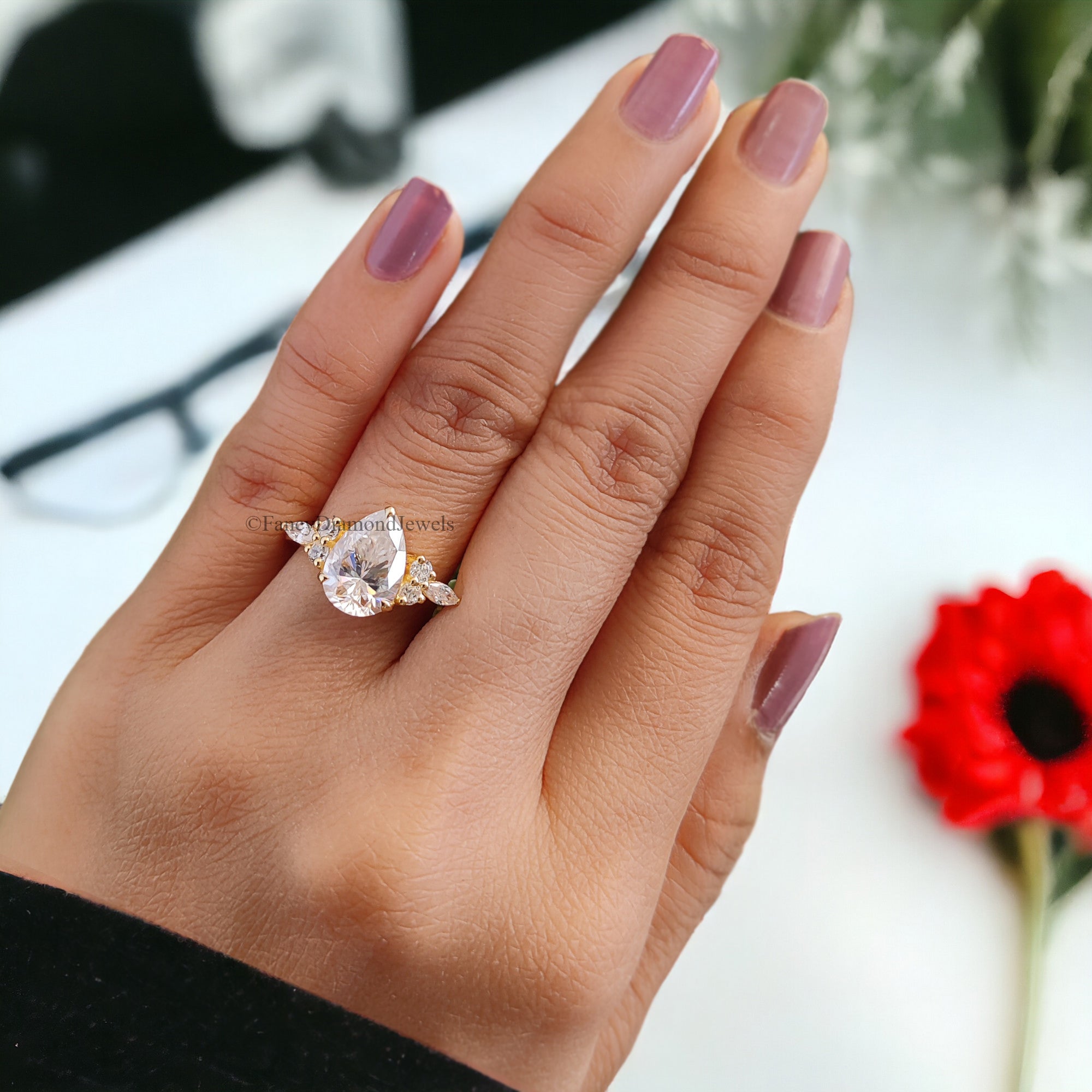 Tear Drop Wedding Ring Moissanite Engagement Ring Pear Shape Art Deco Wedding Ring Plain Gold Ring For Women Promise Moissanite Ring FD54