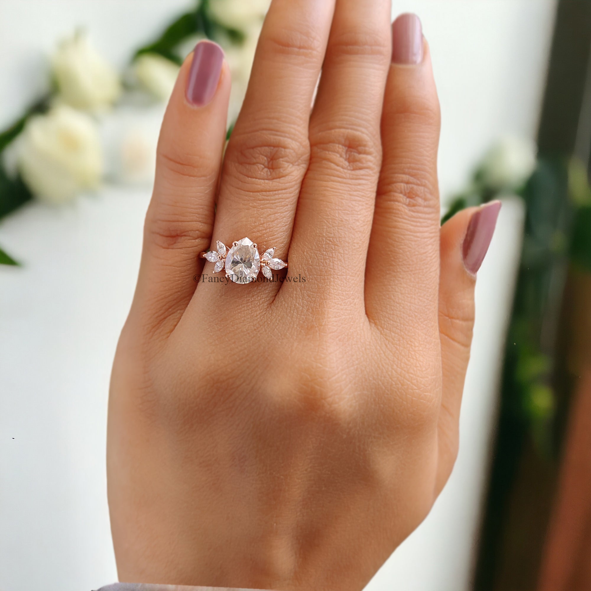 Pear shaped Moissanite engagement ring vintage Unique Marquise cut diamond Cluster engagement ring rose gold wedding gift for women FD107