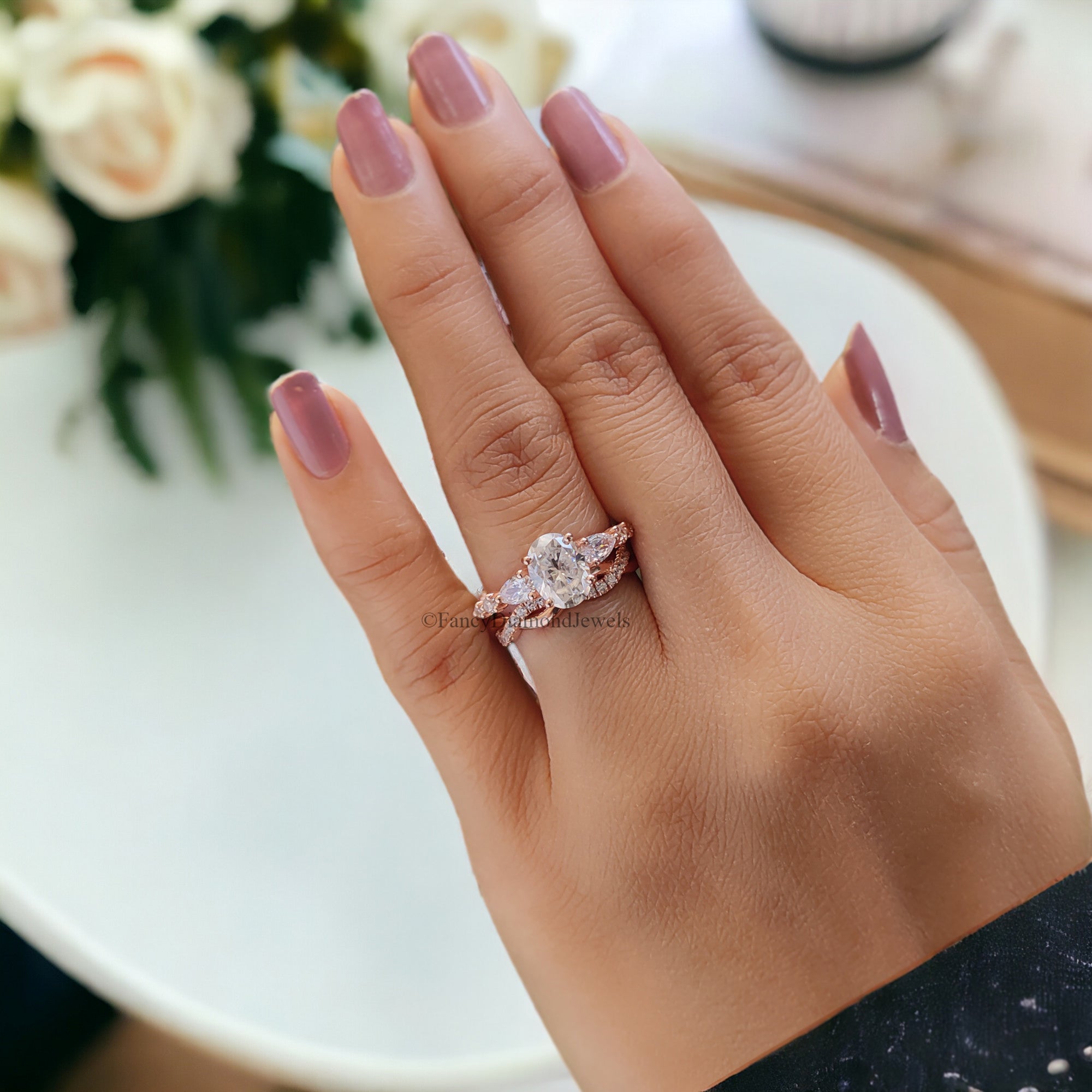 Oval cut Moissanite Engagement ring set Vintage Moissanite ring Rose Gold Curved Diamond ring Twisted band Bridal set Promise ring FD45