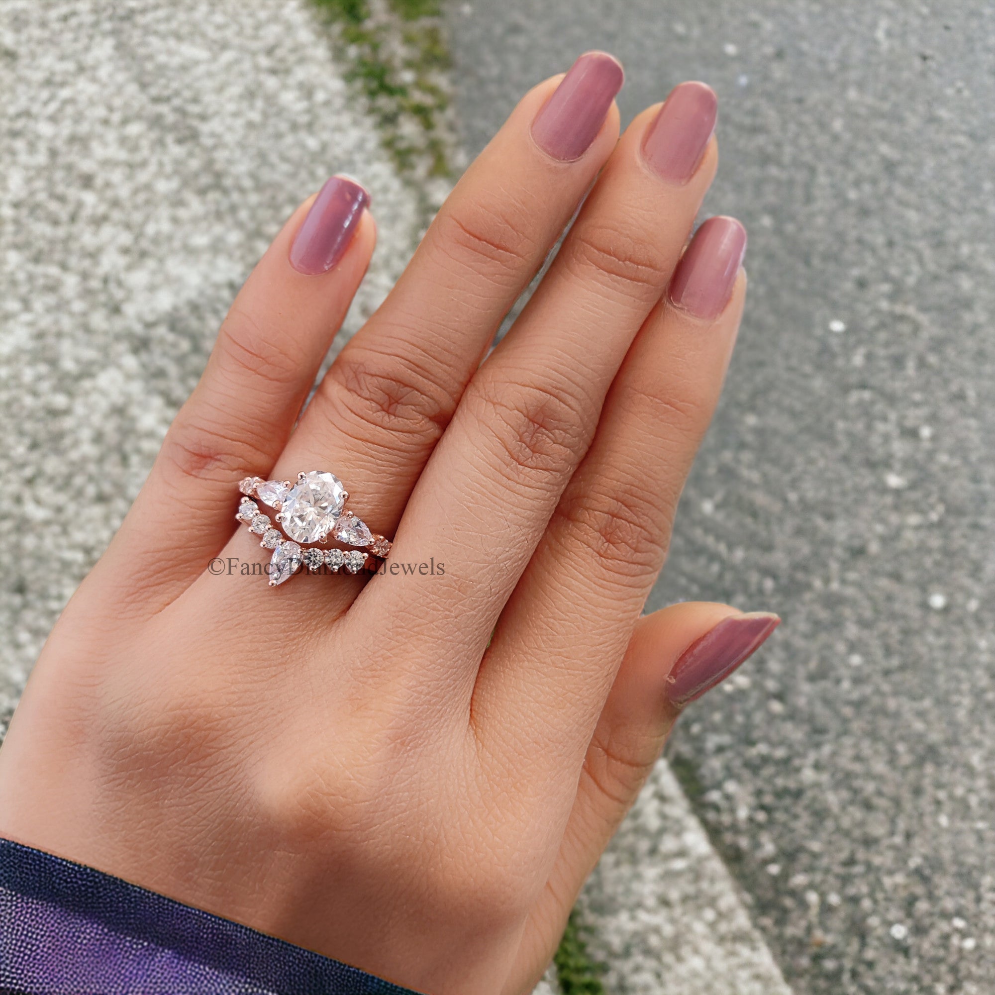 Vintage Moissanite Engagement Ring Set 1.3 CT Moissanite ring Oval ring Rose Gold Crown ring Unique Stacking ring Diamond Cluster ring FD44