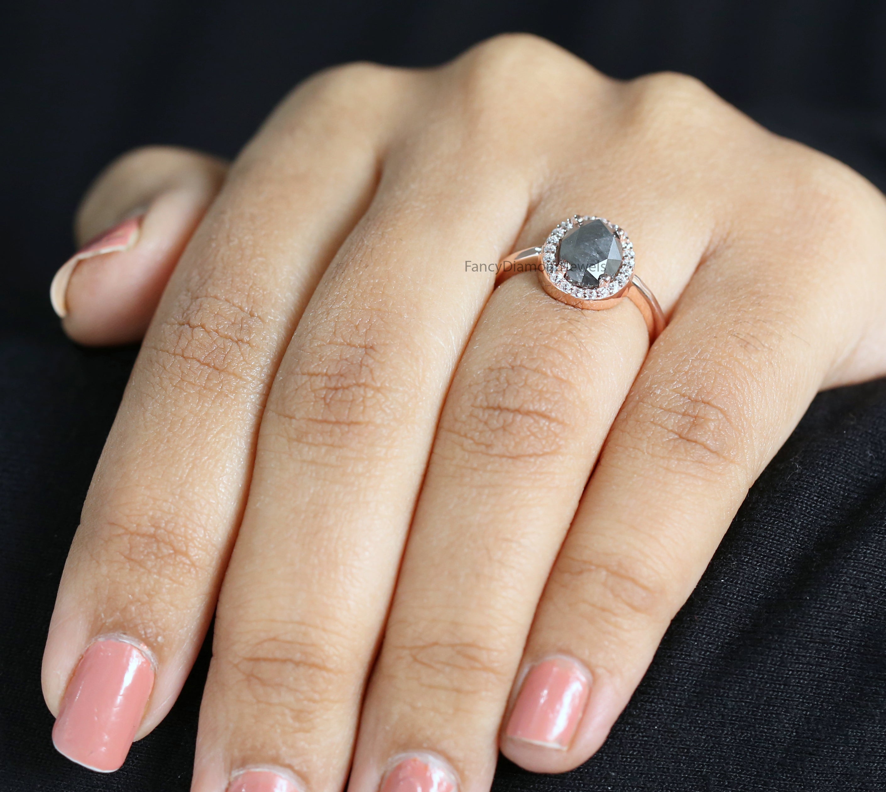 Oval Cut Salt And Pepper Diamond Ring 1.60 Ct 8.91 MM Oval Diamond Ring 14K Solid Rose Gold Silver Oval Engagement Ring Gift For Her QL2123