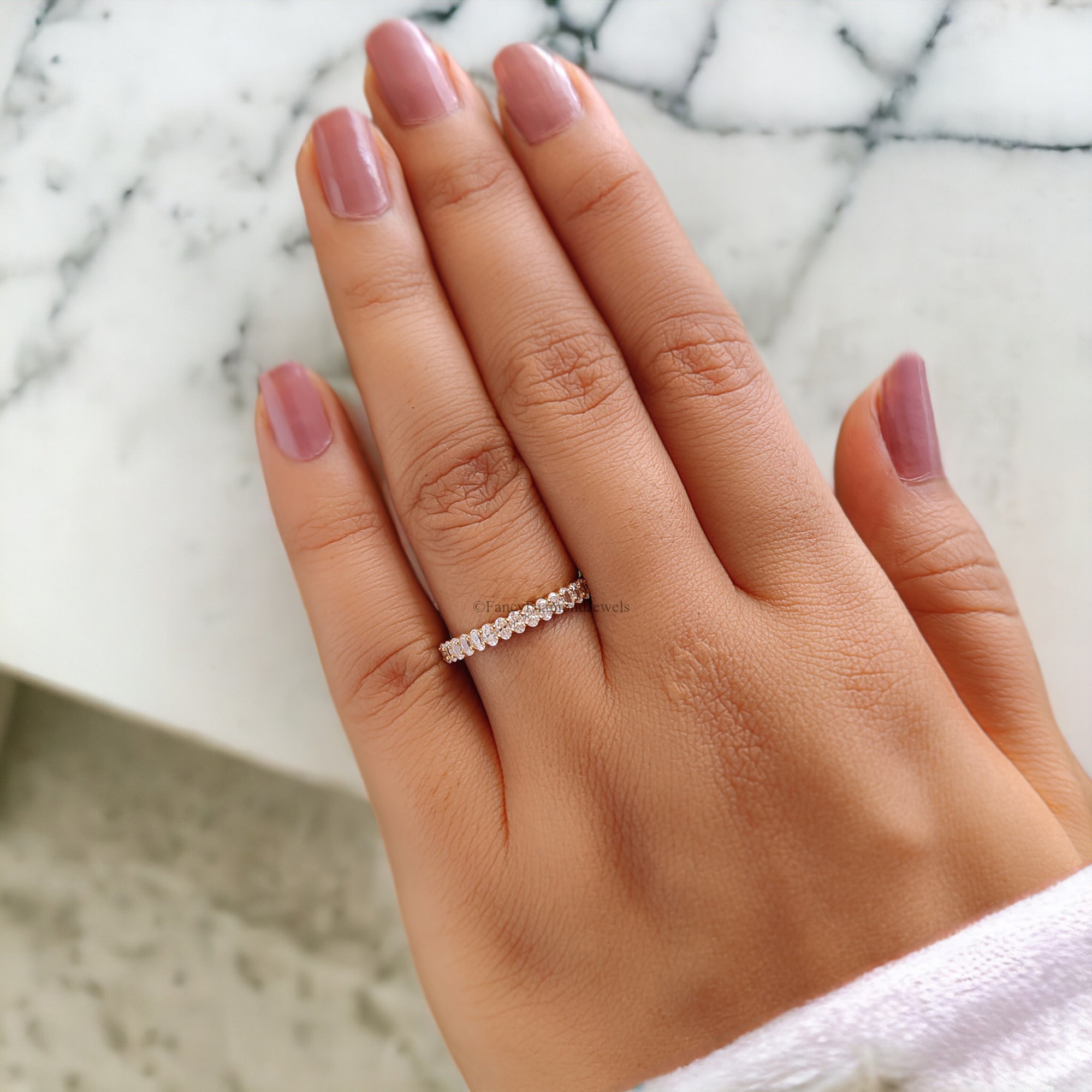 Oval cut Moissanite wedding band women yellow gold Unique Half eternity wedding band vintage Stacking Matching bridal gift for her FD131