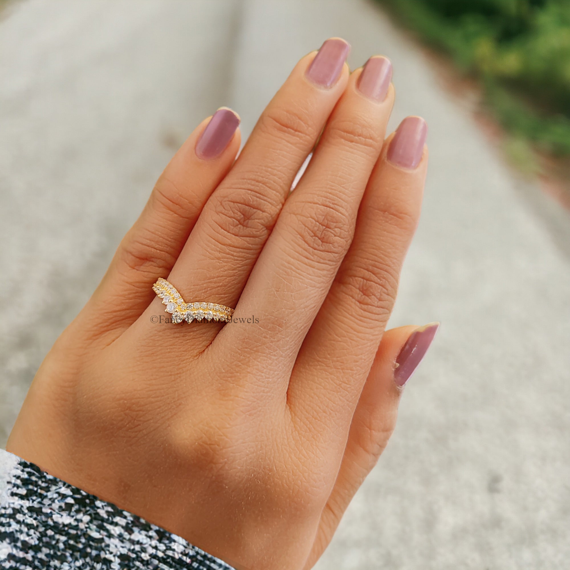 Vintage Diamond wedding band Yellow gold Round cut moissanite matching band Stacking Band curved wedding band Unique Anniversary ring FD41