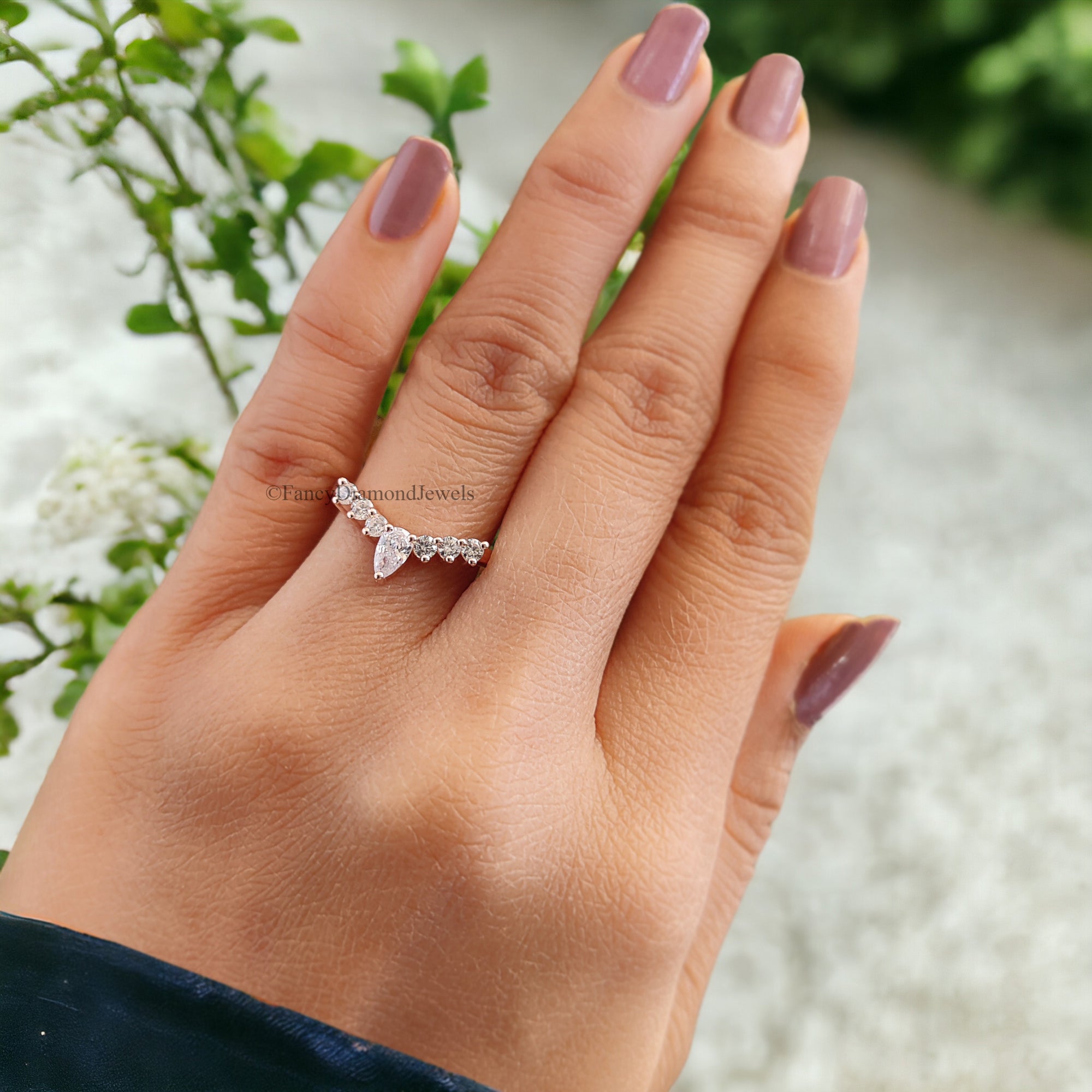 Curved Wedding Band Antique Moissanite Ring Pear cut Moissanite Wedding Band Rose Gold Unique Matching ring Anniversary dainty band FD60