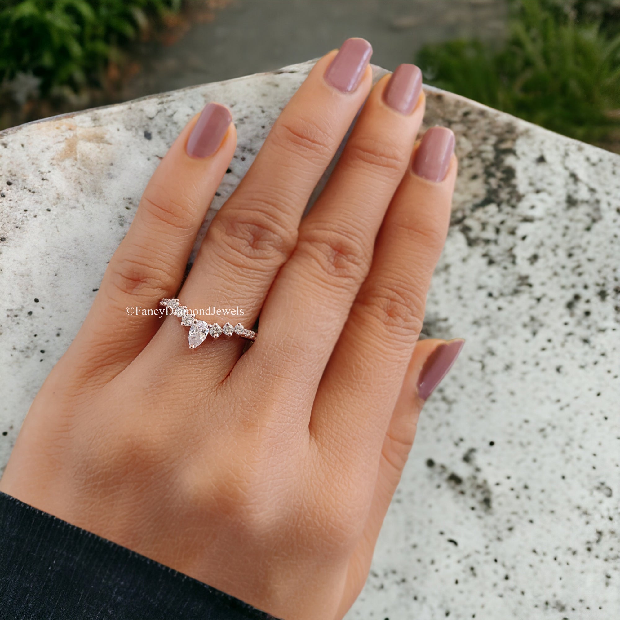 Curved wedding band Antique Pear cut Moissanite ring Rose Gold Unique Matching ring Half eternity Anniversary Stacking dainty band FD63