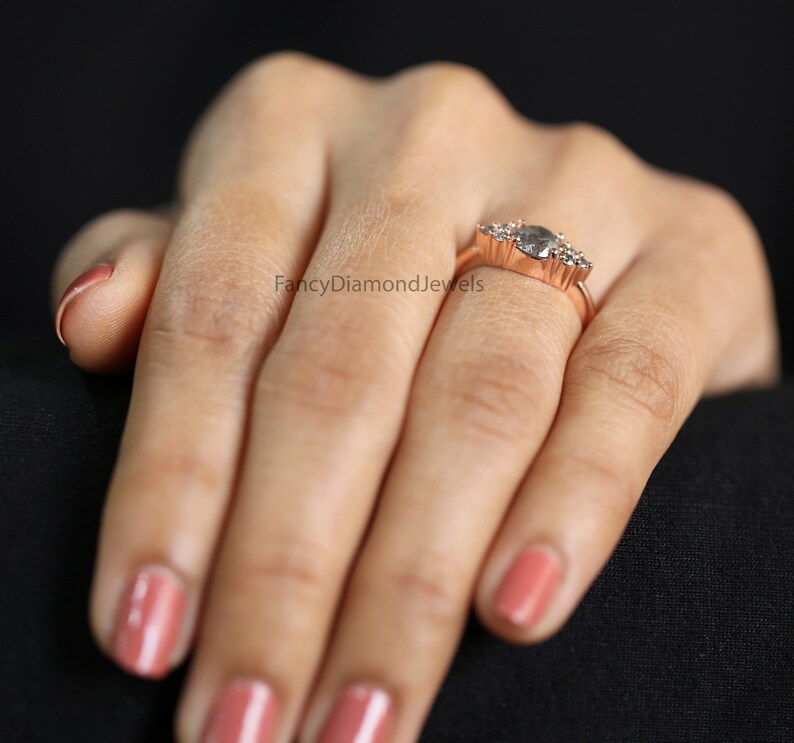 1.04 Ct Natural Round Shape Salt And Pepper Diamond Ring 6.22 MM Round Cut Diamond Ring 14K Solid Rose Gold Silver Engagement Ring QN2192