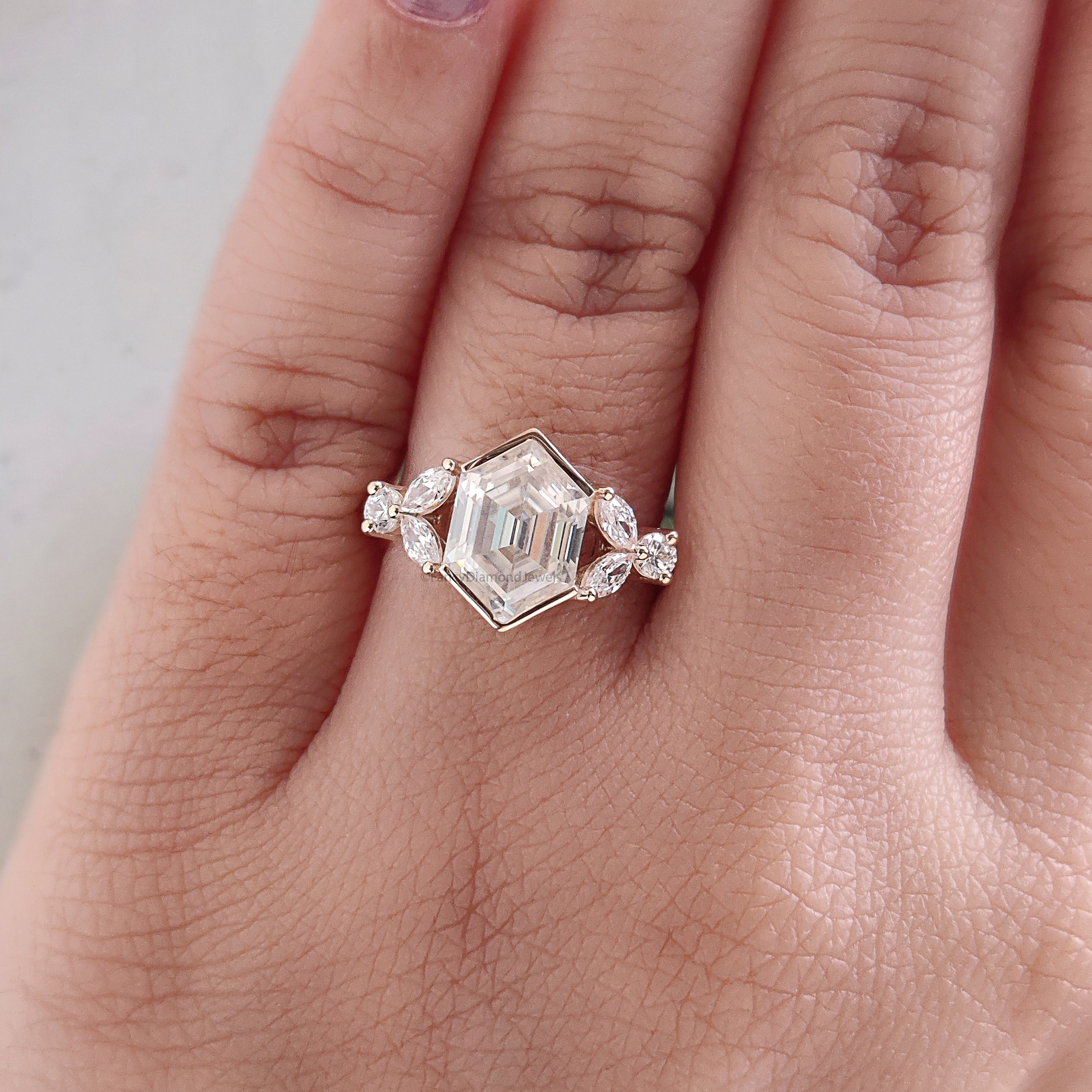 2.35 CT Hexagon cut Lab Grown Diamond Engagement Ring Side Three Stone Diamond ring Half Bezel Set Hexagon Ring for Her Wedding Ring FD470
