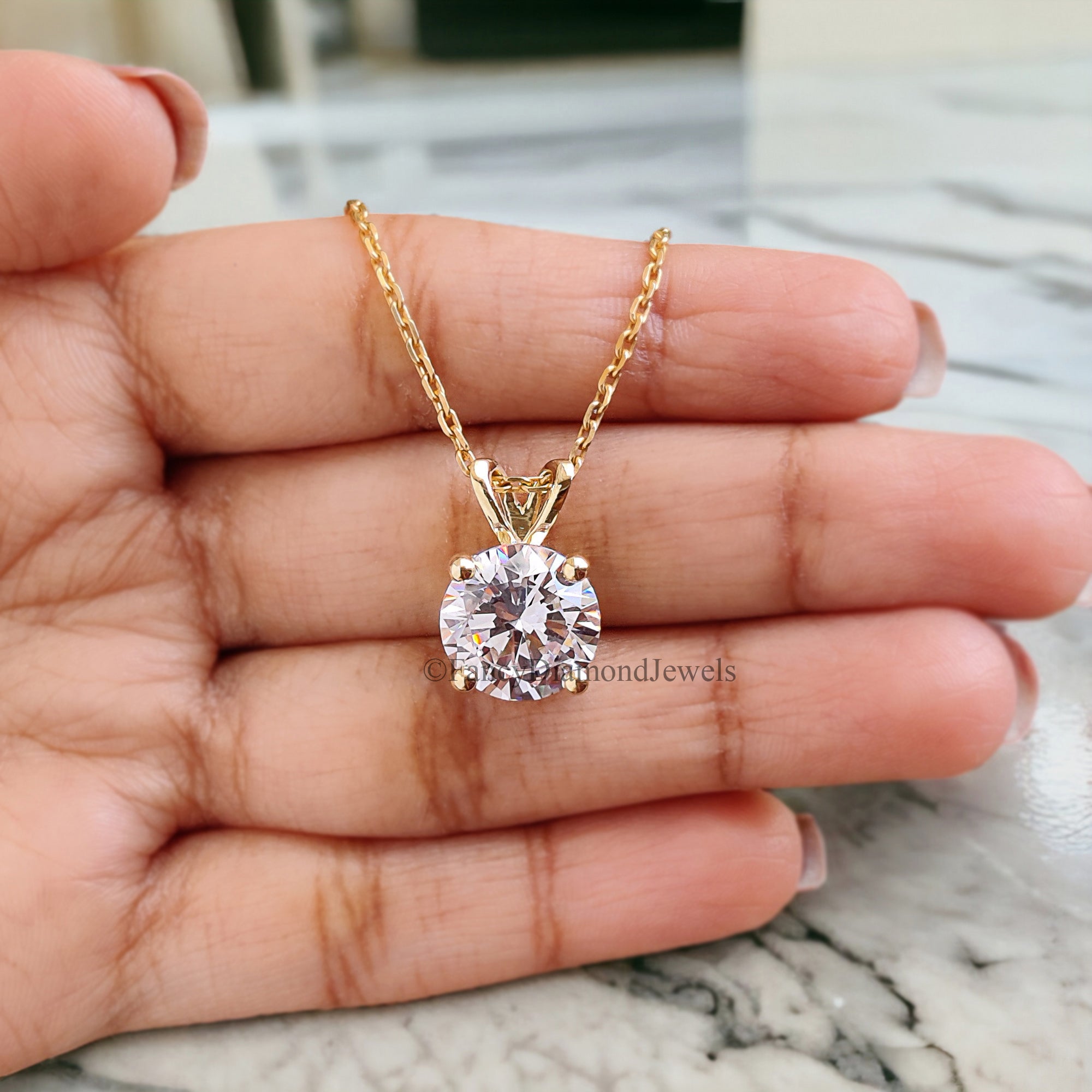 Round Brilliant Cut CZ Diamond Simulant Pendant Yellow Silver handmade jewelry Four Round Shape prong basket set Necklace With Chain FD273