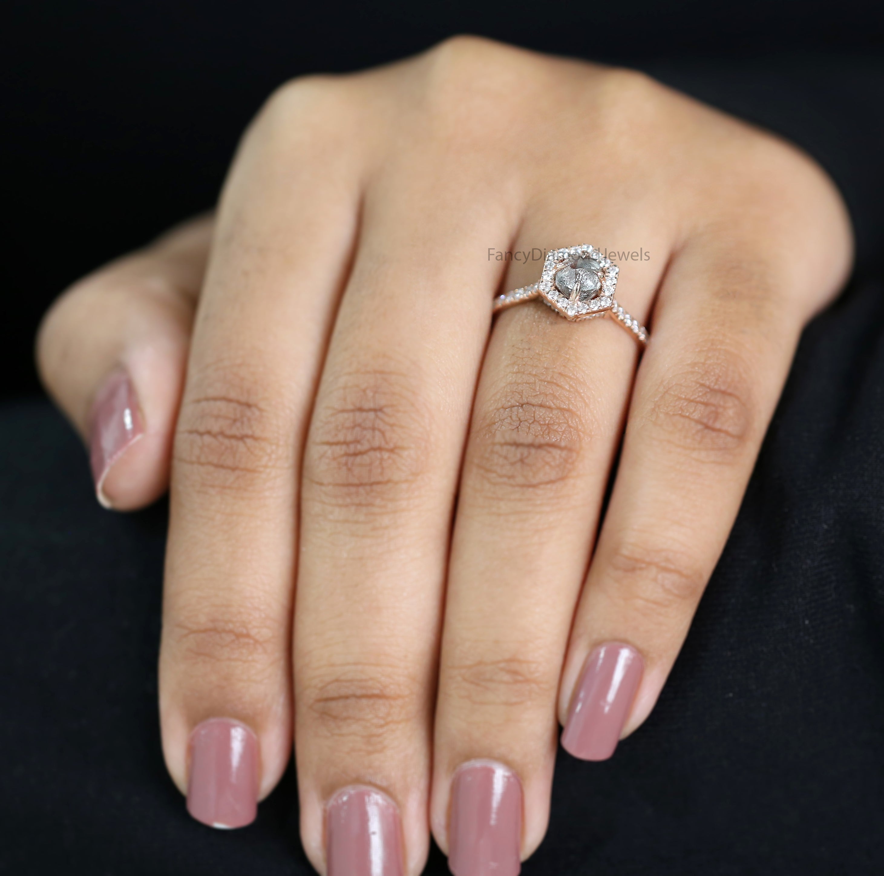 1.15 Ct Natural Rough Salt And Pepper Diamond Ring 6.00 MM Rough Diamond Ring 14K Solid Rose Gold Silver Engagement Ring Halo Ring QN2523