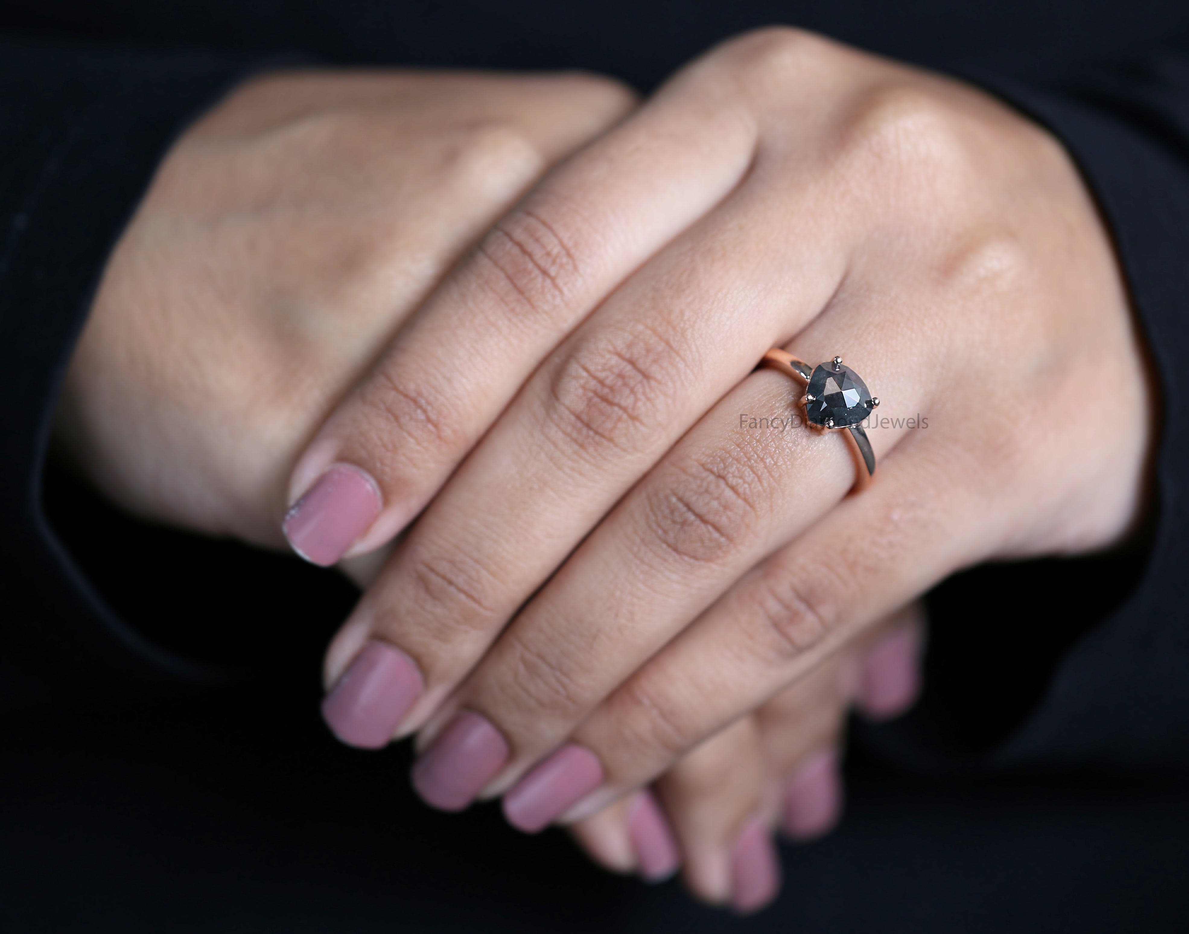 Heart Cut Salt And Pepper Diamond Ring 1.70 Ct 7.95 MM Heart Diamond Ring 14K Solid Rose Gold Silver Engagement Ring Gift For Her QL3096