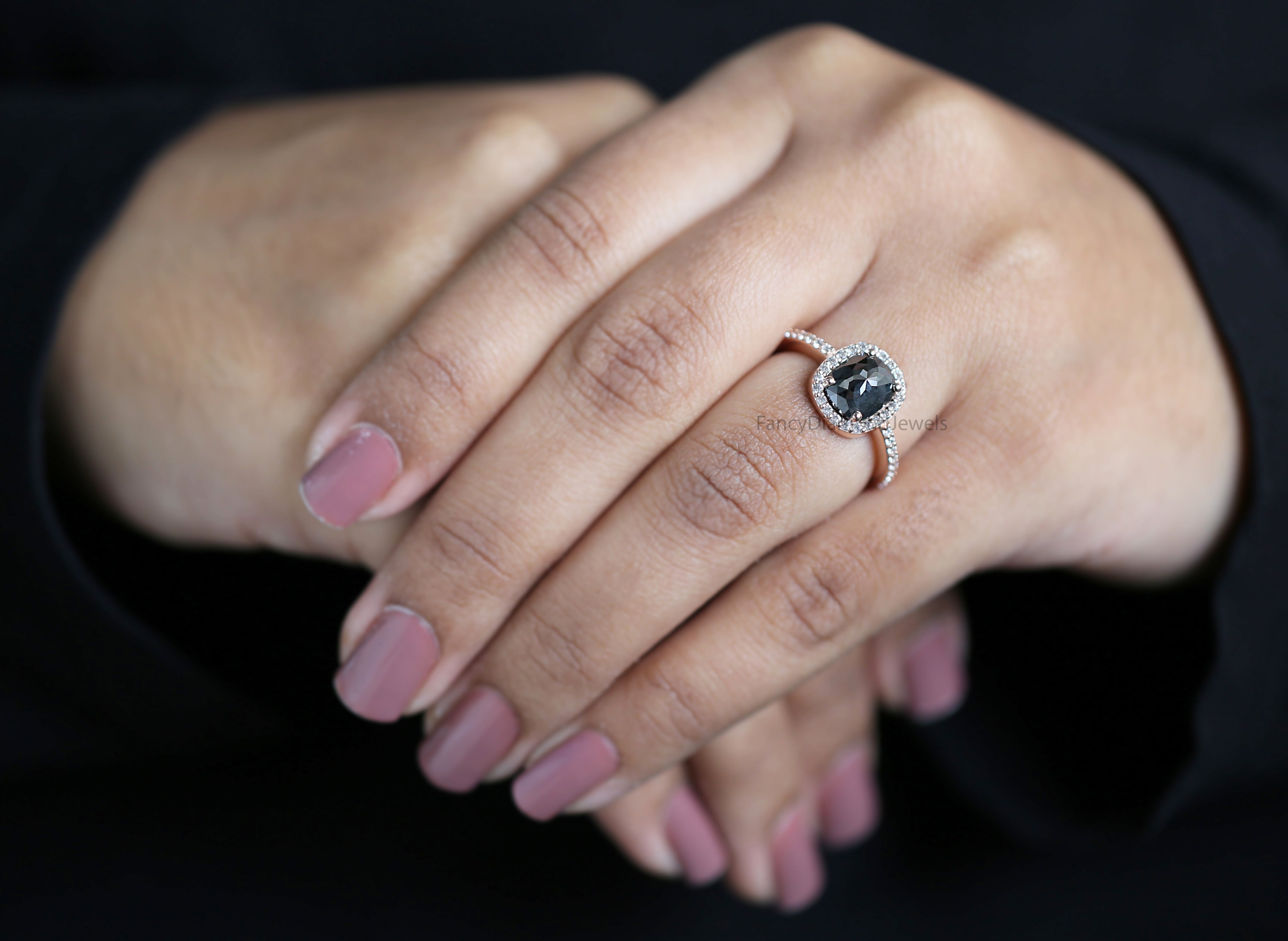 Cushion Shape Black Color Diamond Ring 2.21 Ct 8.30 MM Cushion Diamond Ring 14K Solid Rose Gold Silver Engagement Ring Gift For Her QL3068